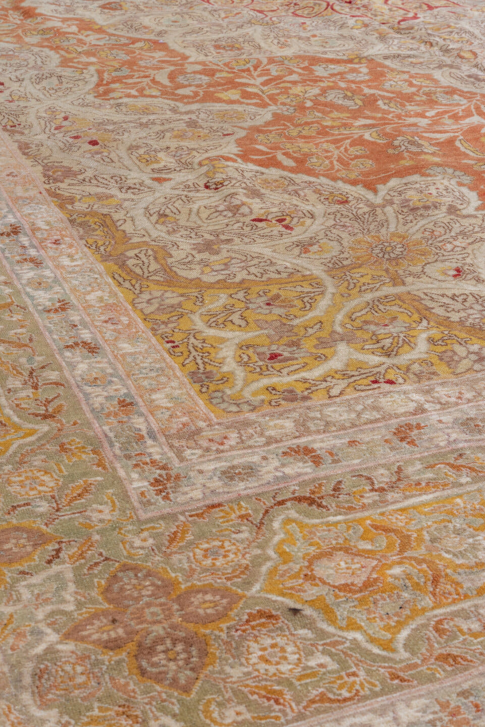 8' x 12' one-of-a-kind handmade vintage Tabriz large size rug. Color palette: ivory, terra cotta, beige, gold, sage, rose
