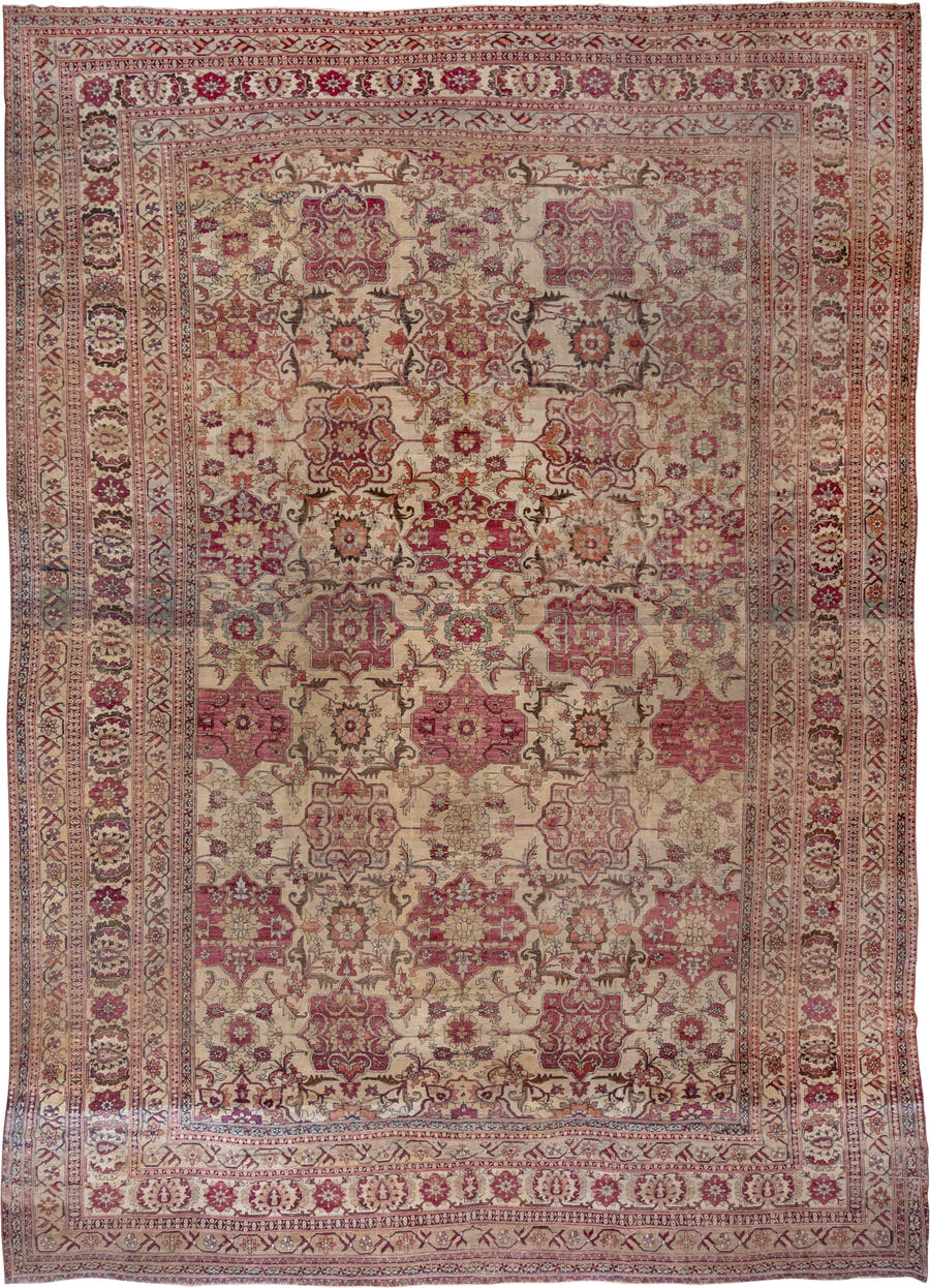 13' x 18' one-of-a-kind handmade vintage Lavar oversize rug. Color palette: ivory, rose, rust, gold, taupe, burgundy, sage