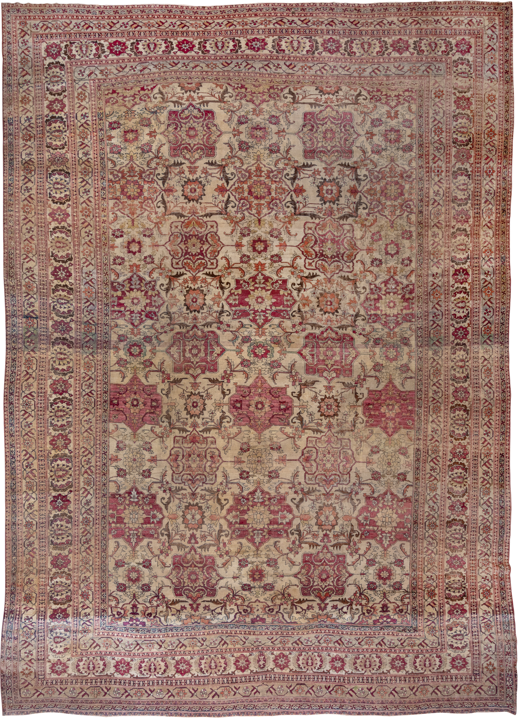 13' x 18' one-of-a-kind handmade vintage Lavar oversize rug. Color palette: ivory, rose, rust, gold, taupe, burgundy, sage