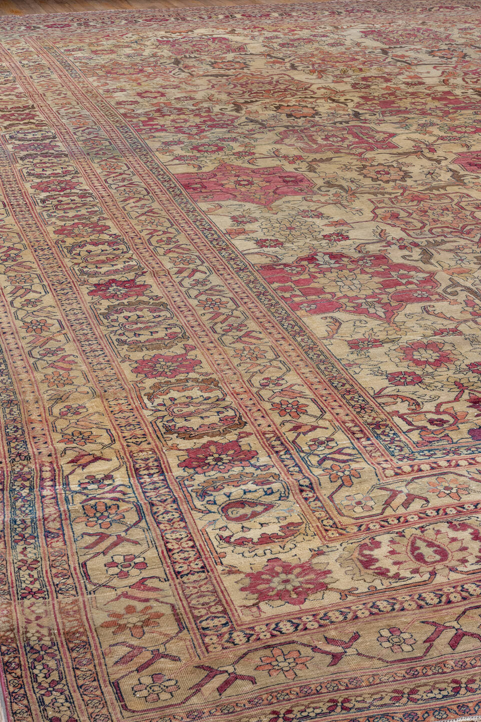 13' x 18' one-of-a-kind handmade vintage Lavar oversize rug. Color palette: ivory, rose, rust, taupe, gold, sage, brown