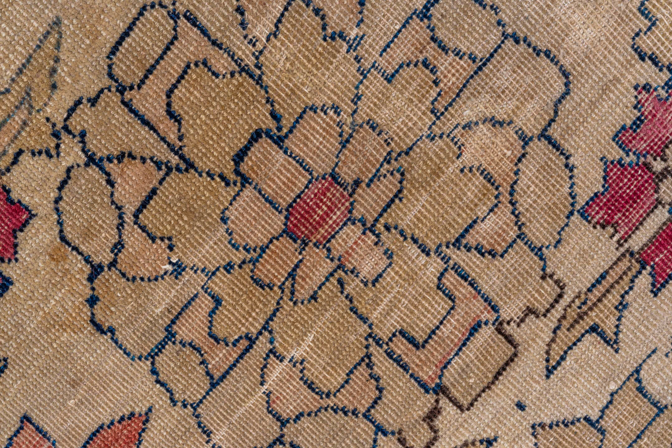 13' x 18' one-of-a-kind handmade vintage Lavar oversize rug. Color palette: ivory, rose, rust, taupe, gold, sage, brown