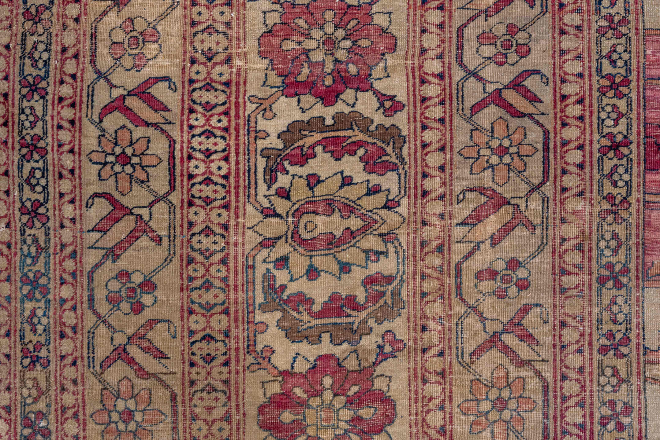 13' x 18' one-of-a-kind handmade vintage Lavar oversize rug. Color palette: ivory, rose, rust, taupe, gold, sage, brown