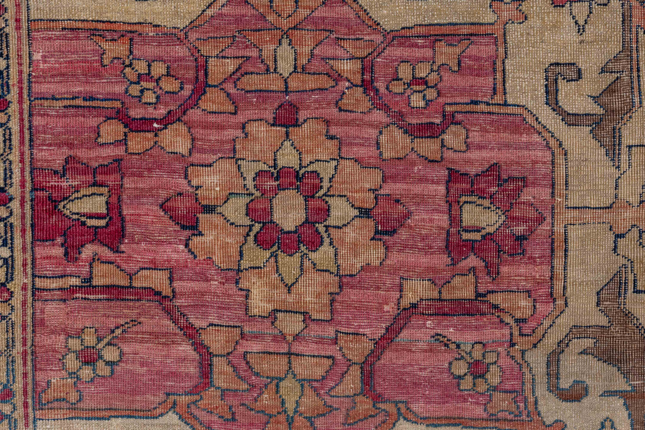 13' x 18' one-of-a-kind handmade vintage Lavar oversize rug. Color palette: ivory, rose, rust, taupe, gold, sage, brown