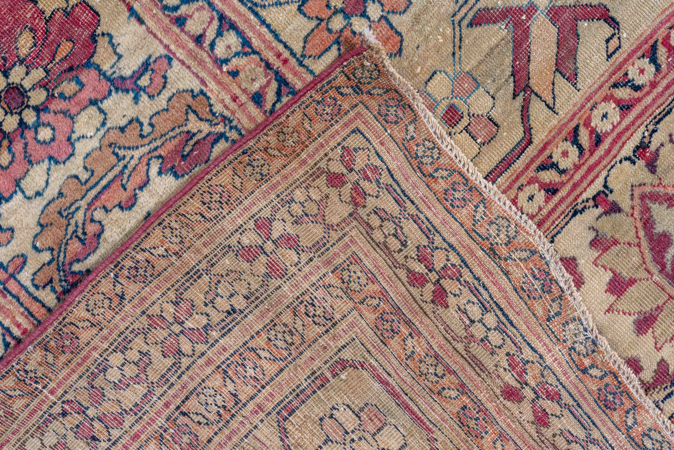 13' x 18' one-of-a-kind handmade vintage Lavar oversize rug. Color palette: ivory, rose, rust, taupe, gold, sage, brown