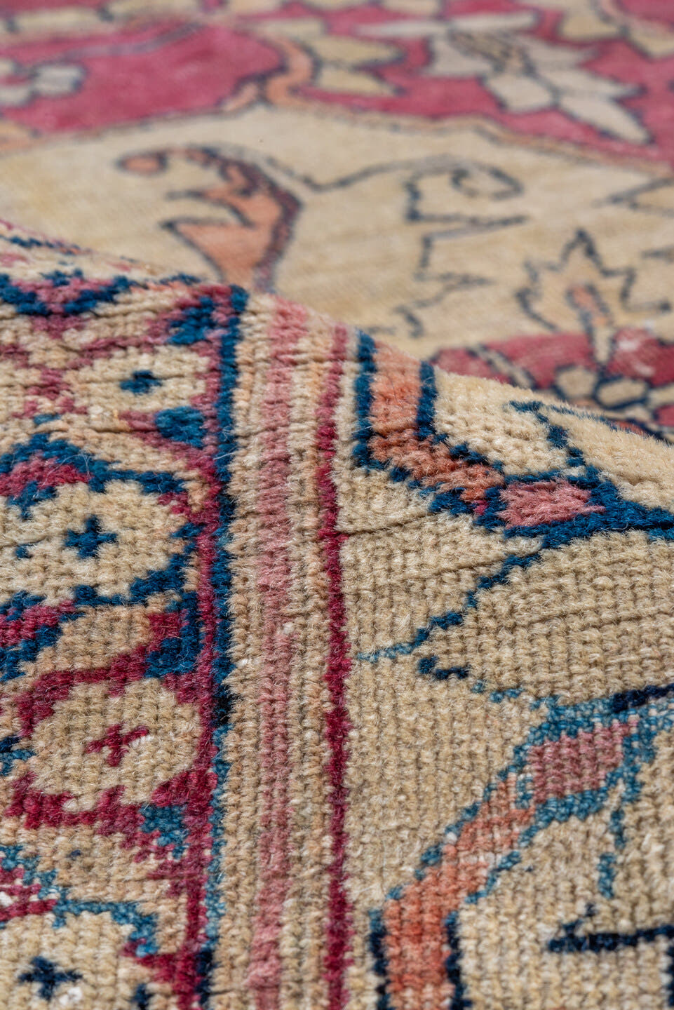 13' x 18' one-of-a-kind handmade vintage Lavar oversize rug. Color palette: ivory, rose, rust, taupe, gold, sage, brown