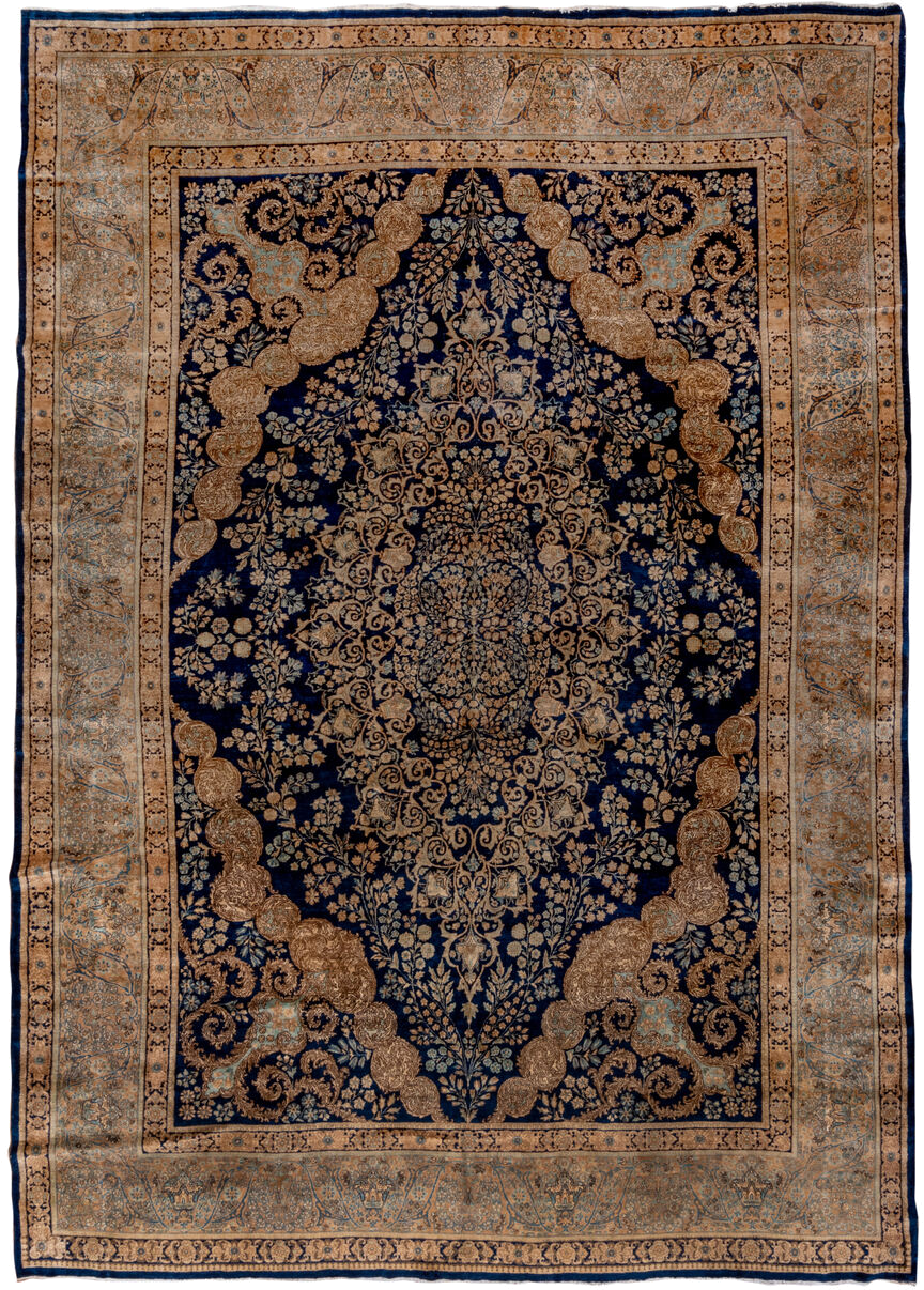 8' x 13' one-of-a-kind handmade vintage Kerman large size rug. Color palette: navy, beige, camel, ivory, light blue, taupe