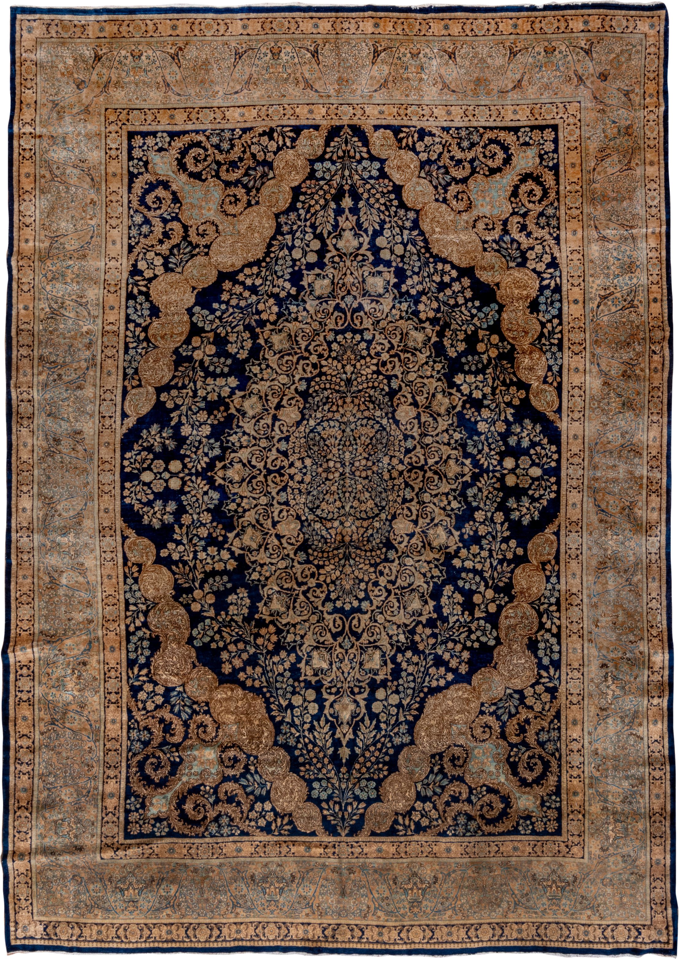 8' x 13' one-of-a-kind handmade vintage Kerman large size rug. Color palette: navy, beige, camel, ivory, light blue, taupe