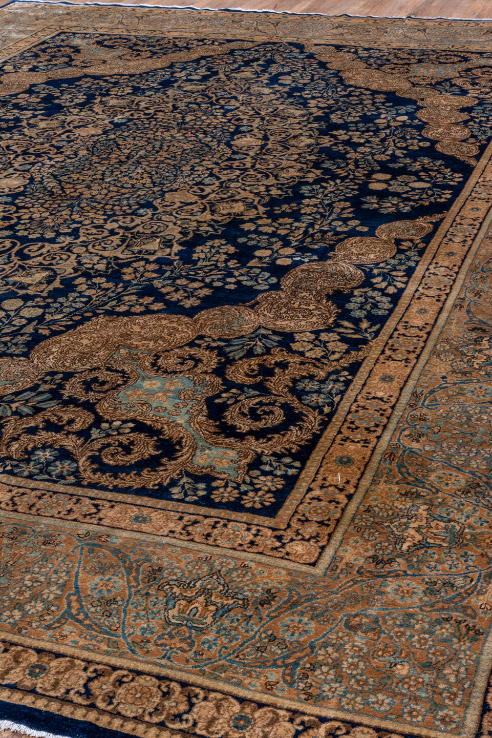 8' x 13' one-of-a-kind handmade vintage Kerman large size rug. Color palette: navy, beige, camel, ivory, light blue, taupe