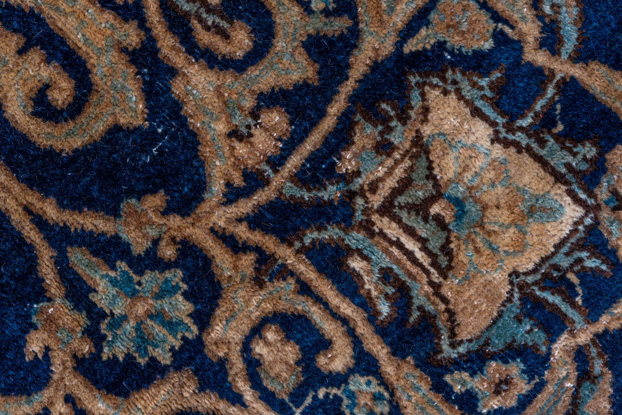 8' x 13' one-of-a-kind handmade vintage Kerman large size rug. Color palette: navy, beige, camel, ivory, light blue, taupe