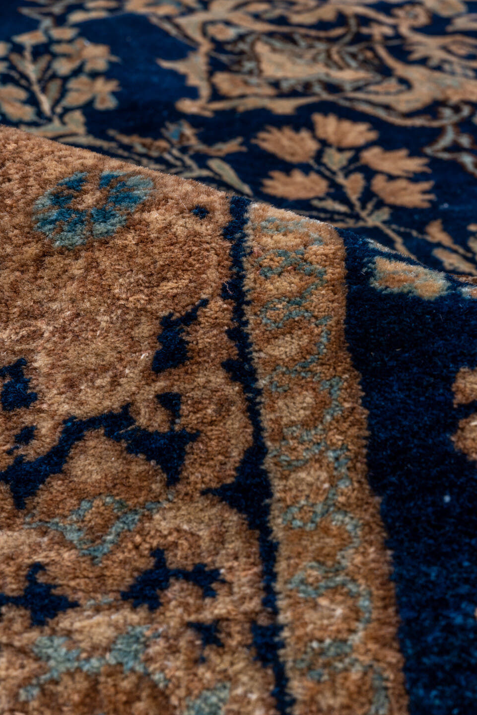 8' x 13' one-of-a-kind handmade vintage Kerman large size rug. Color palette: navy, beige, camel, ivory, light blue, taupe