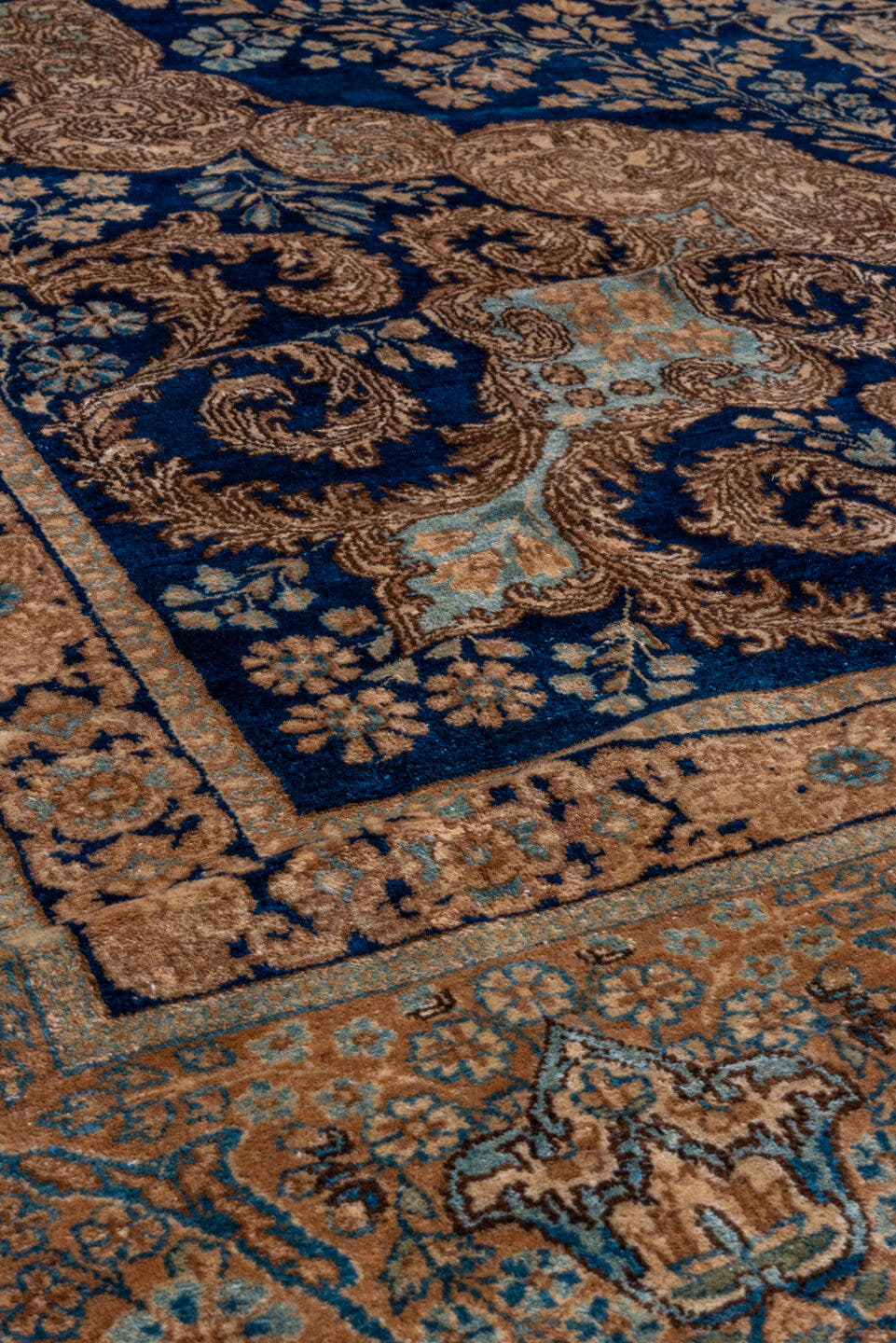 8' x 13' one-of-a-kind handmade vintage Kerman large size rug. Color palette: navy, beige, camel, ivory, light blue, taupe