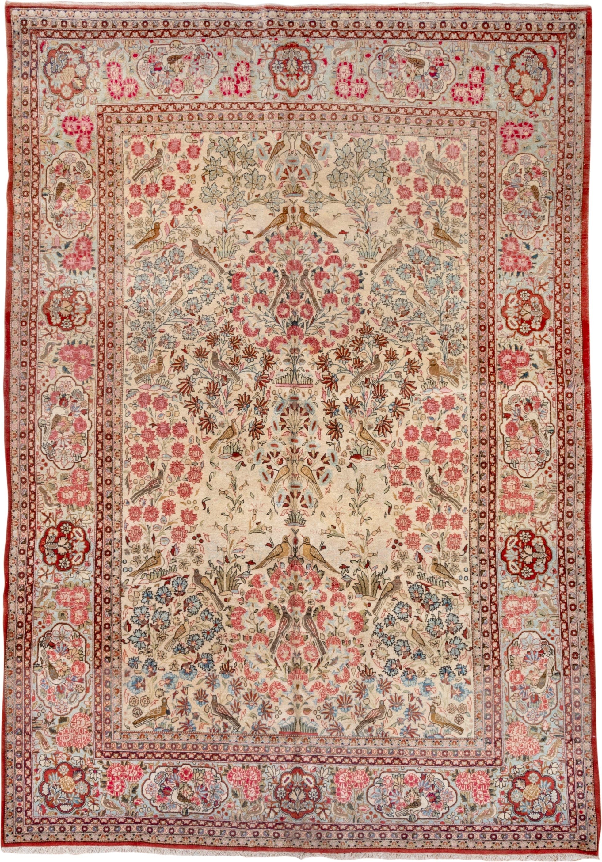 6' x 10' one-of-a-kind handmade vintage  large size rug. Color palette: ivory, rose, rust, light blue, taupe, brown, crimson