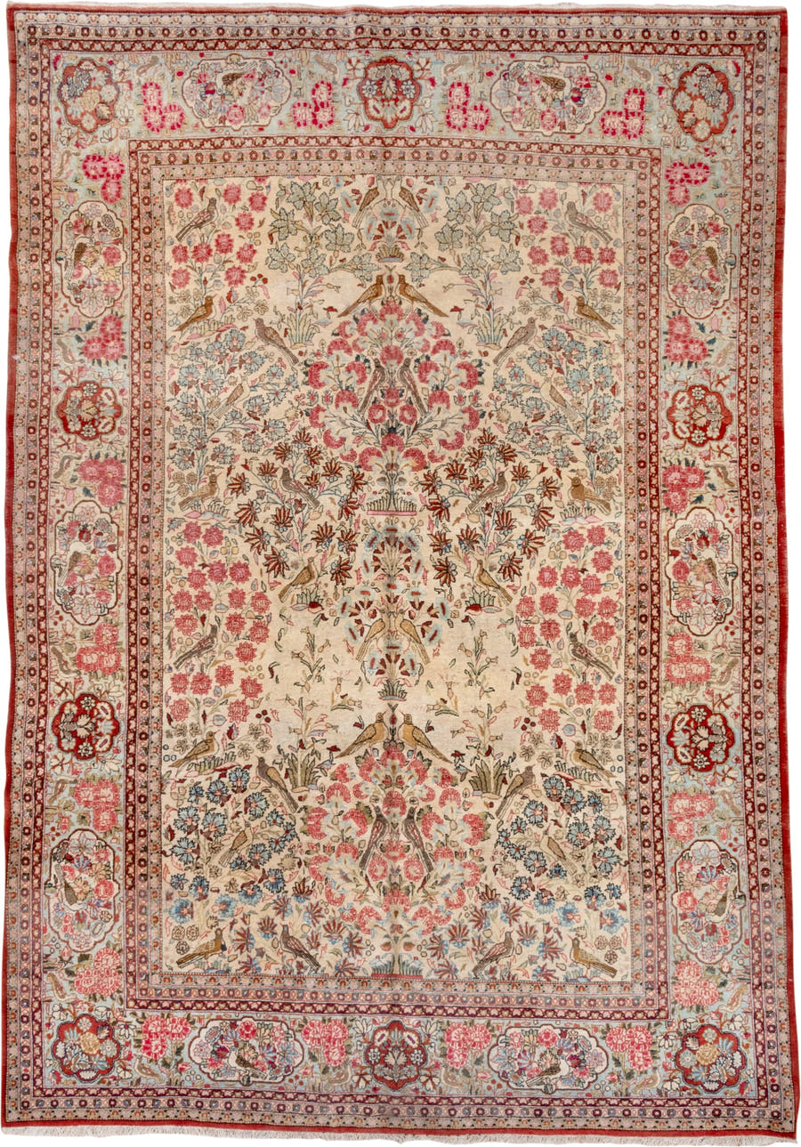 6' x 10' one-of-a-kind handmade vintage  large size rug. Color palette: ivory, rose, rust, light blue, taupe, brown, crimson