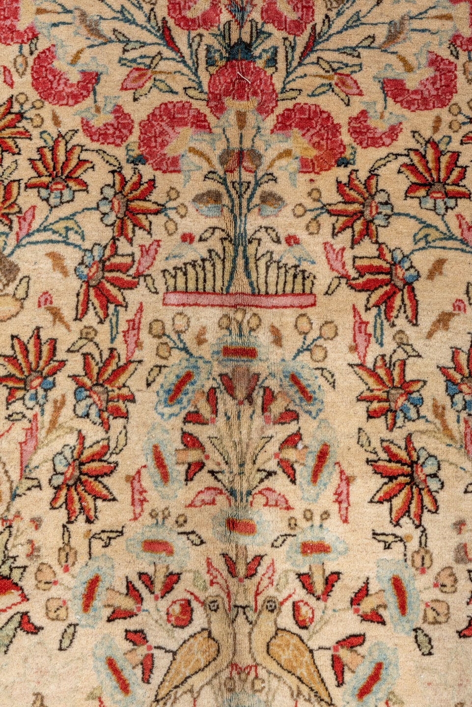 6' x 10' one-of-a-kind handmade vintage  large size rug. Color palette: ivory, rose, rust, light blue, taupe, brown, crimson