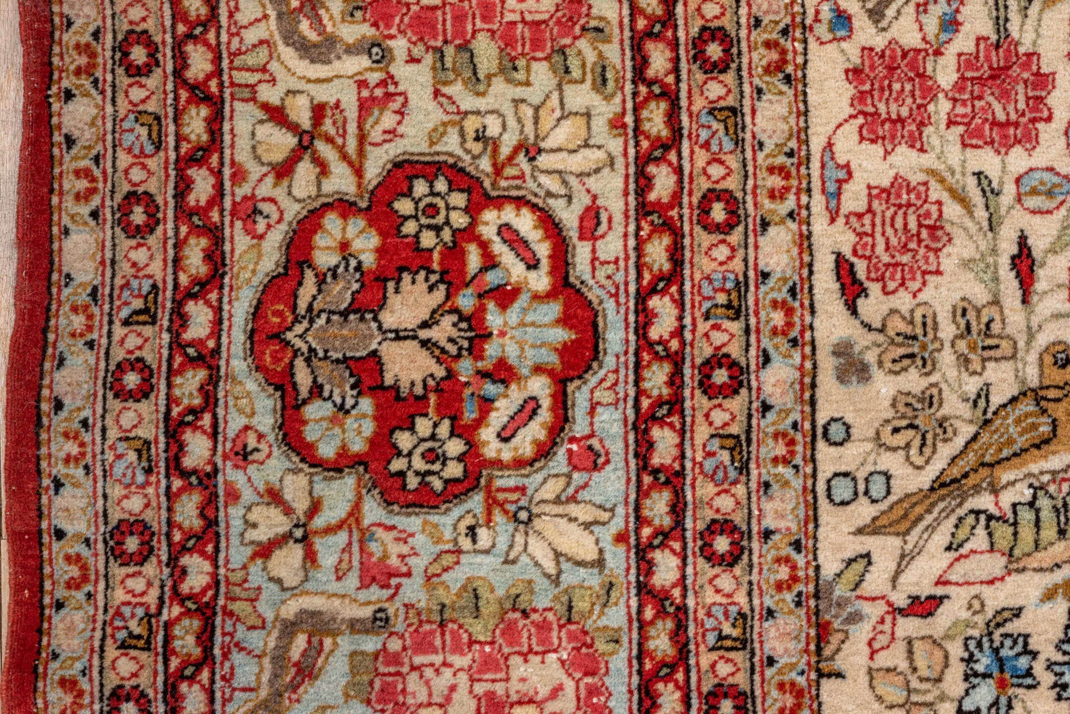 6' x 10' one-of-a-kind handmade vintage  large size rug. Color palette: ivory, rose, rust, light blue, taupe, brown, crimson