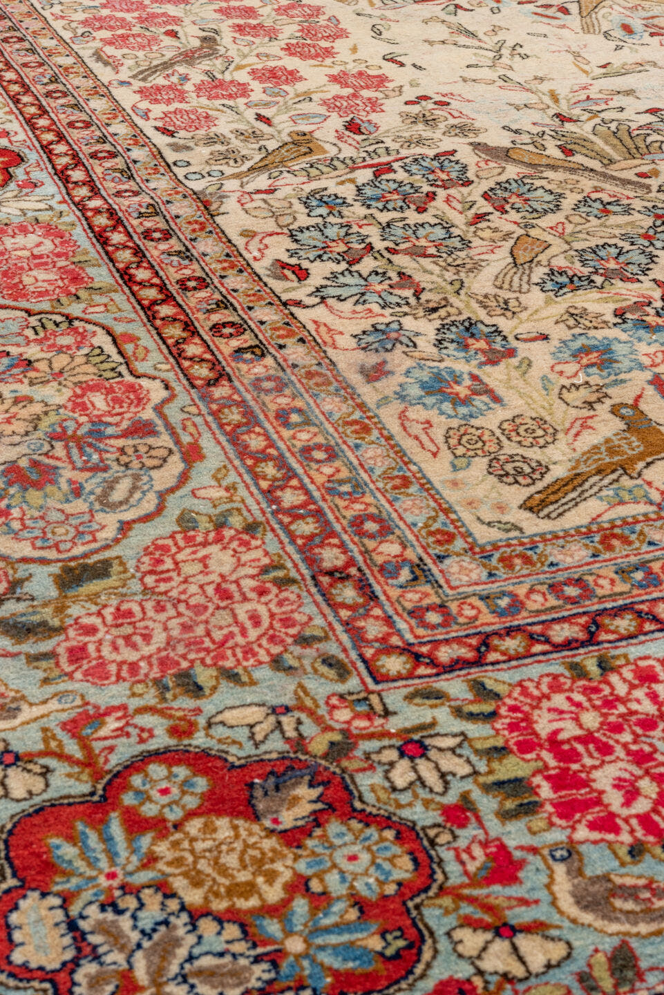 6' x 10' one-of-a-kind handmade vintage  large size rug. Color palette: ivory, rose, rust, light blue, taupe, brown, crimson