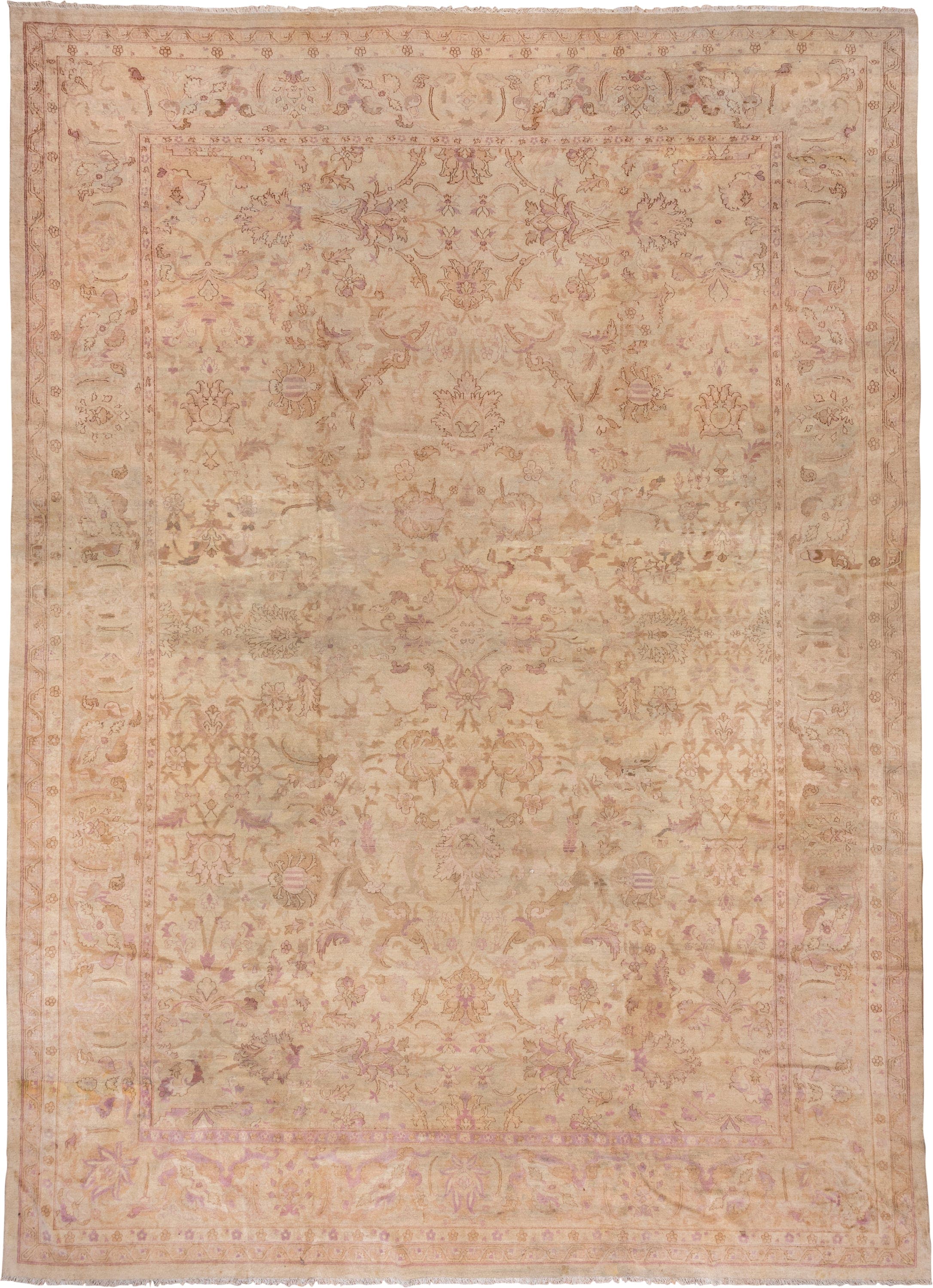 11' x 16' one-of-a-kind handmade vintage Agra oversize rug. Color palette: beige, blush, ivory, taupe, rose, lavender, camel
