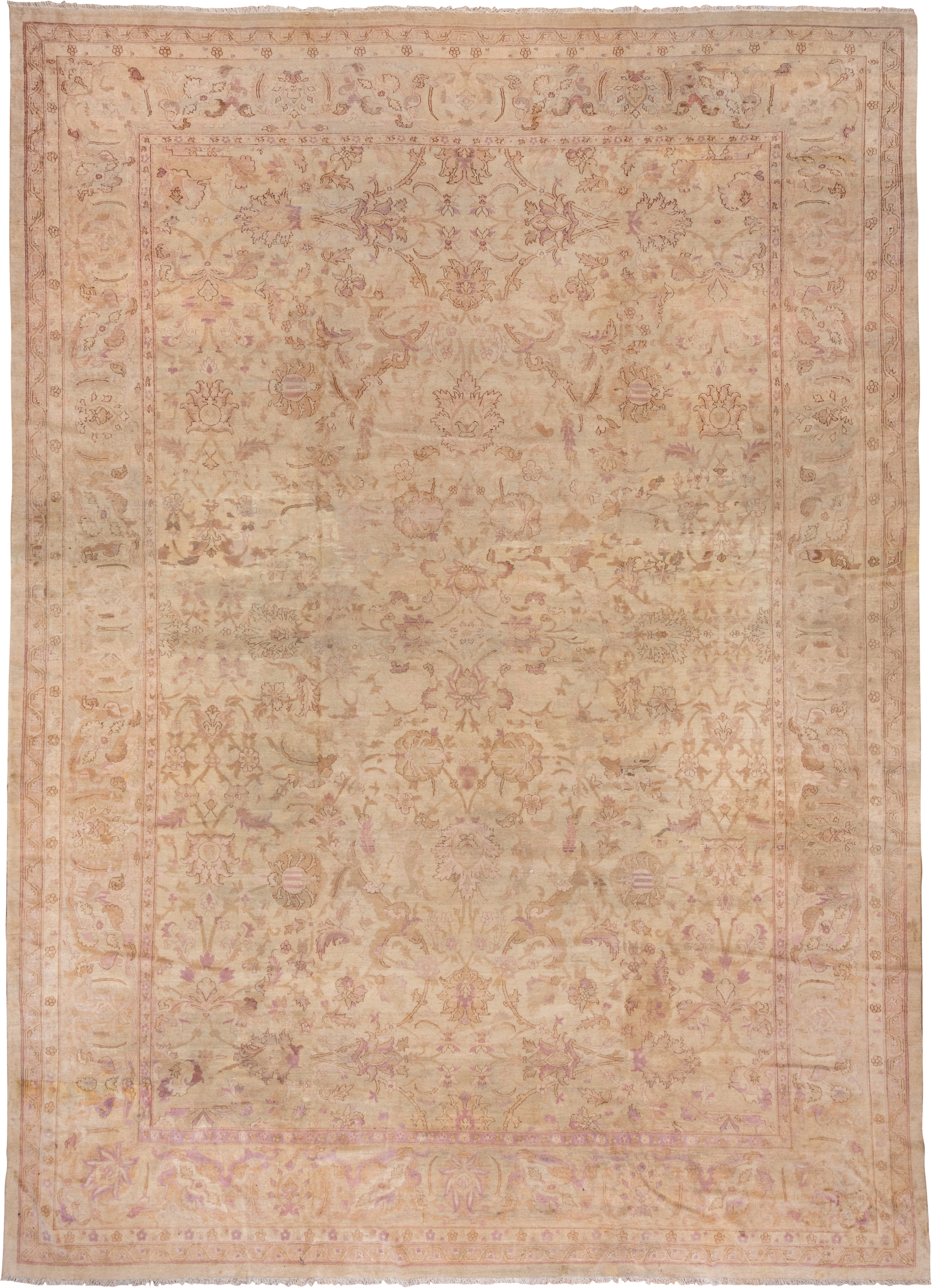 11' x 16' one-of-a-kind handmade vintage Agra oversize rug. Color palette: beige, blush, ivory, taupe, rose, lavender, camel