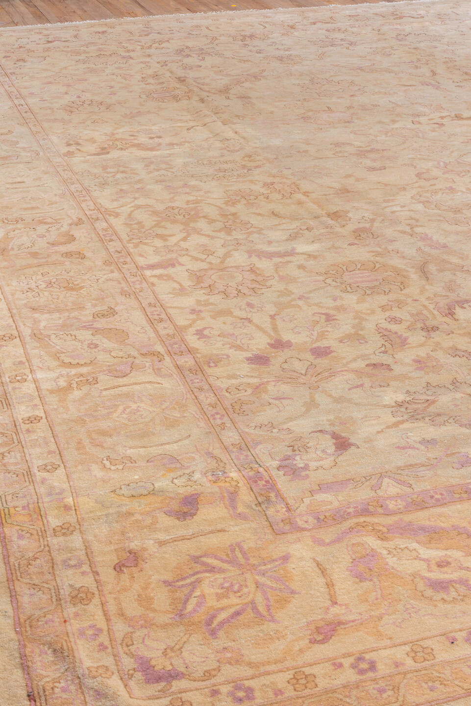 11' x 16' one-of-a-kind handmade vintage Agra oversize rug. Color palette: beige, blush, ivory, taupe, rose, lavender, camel