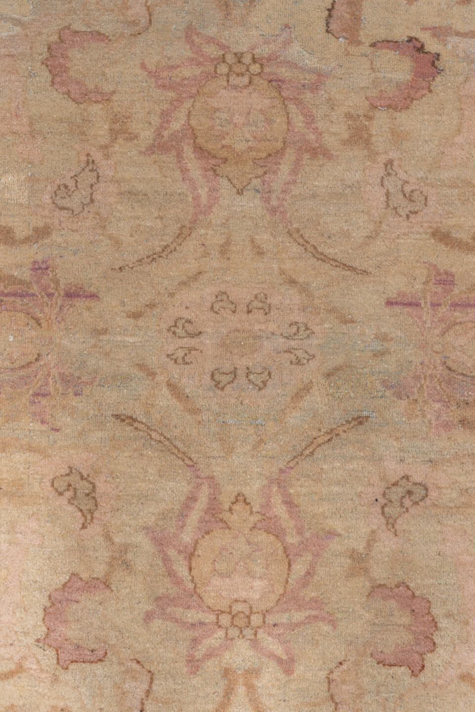 11' x 16' one-of-a-kind handmade vintage Agra oversize rug. Color palette: beige, blush, ivory, taupe, rose, lavender, camel