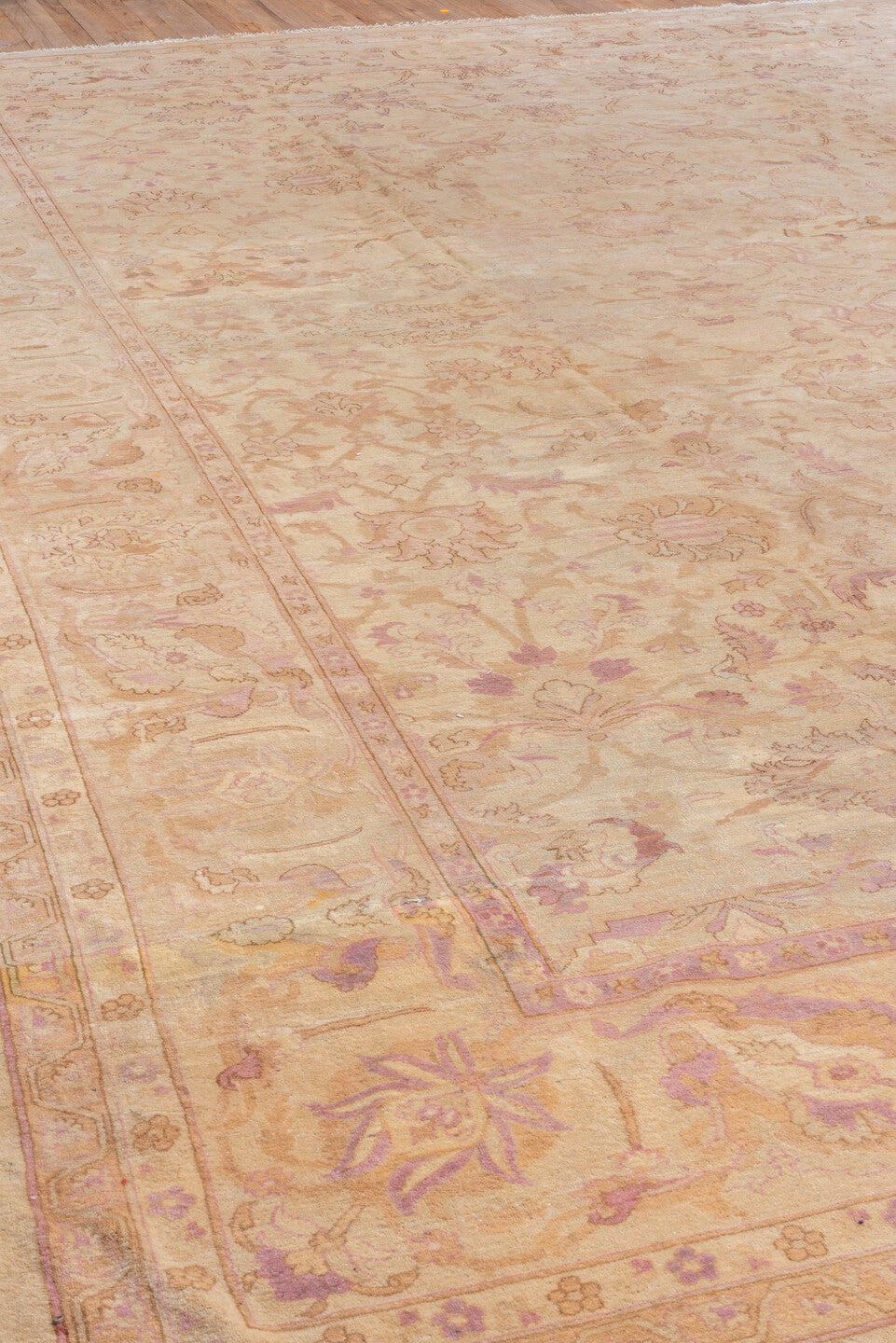 11' x 16' one-of-a-kind handmade vintage Agra oversize rug. Color palette: peach, ivory, rose, taupe, camel, blush, lavender