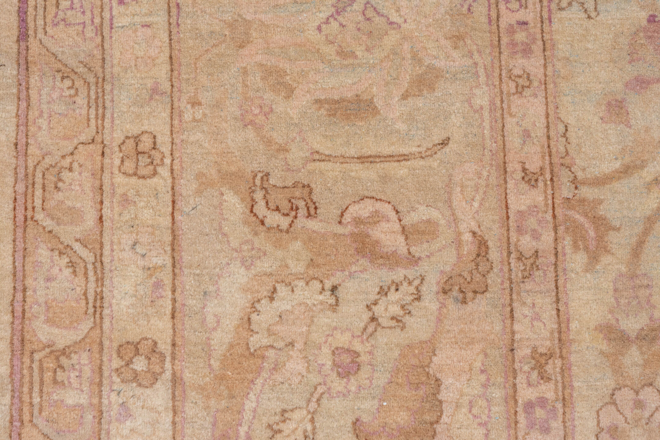 11' x 16' one-of-a-kind handmade vintage Agra oversize rug. Color palette: peach, ivory, rose, taupe, camel, blush, lavender
