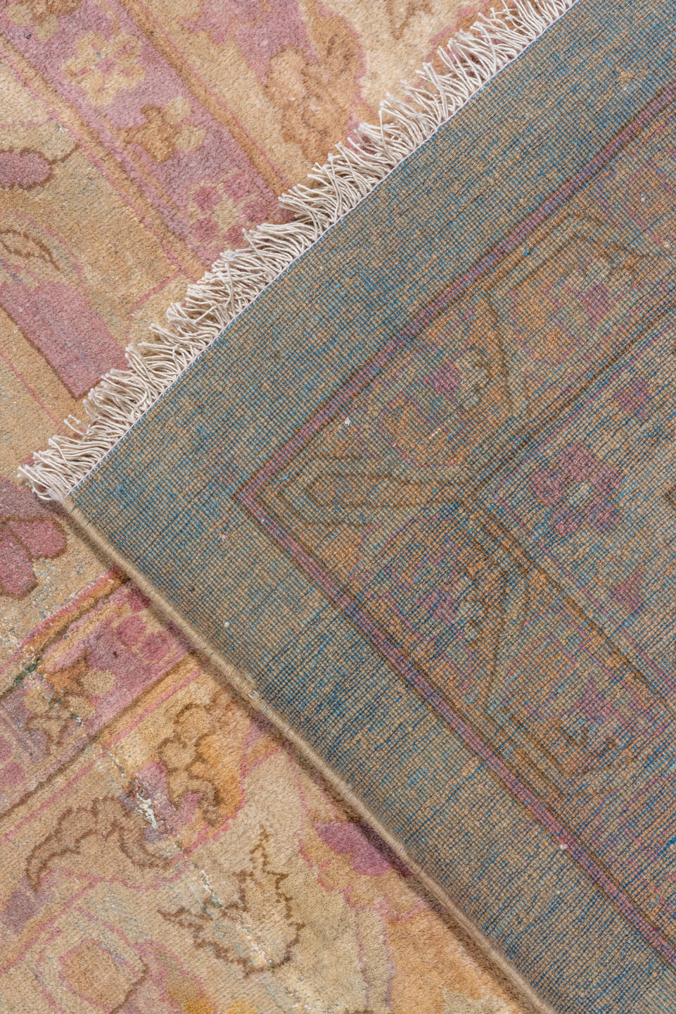 11' x 16' one-of-a-kind handmade vintage Agra oversize rug. Color palette: peach, ivory, rose, taupe, camel, blush, lavender