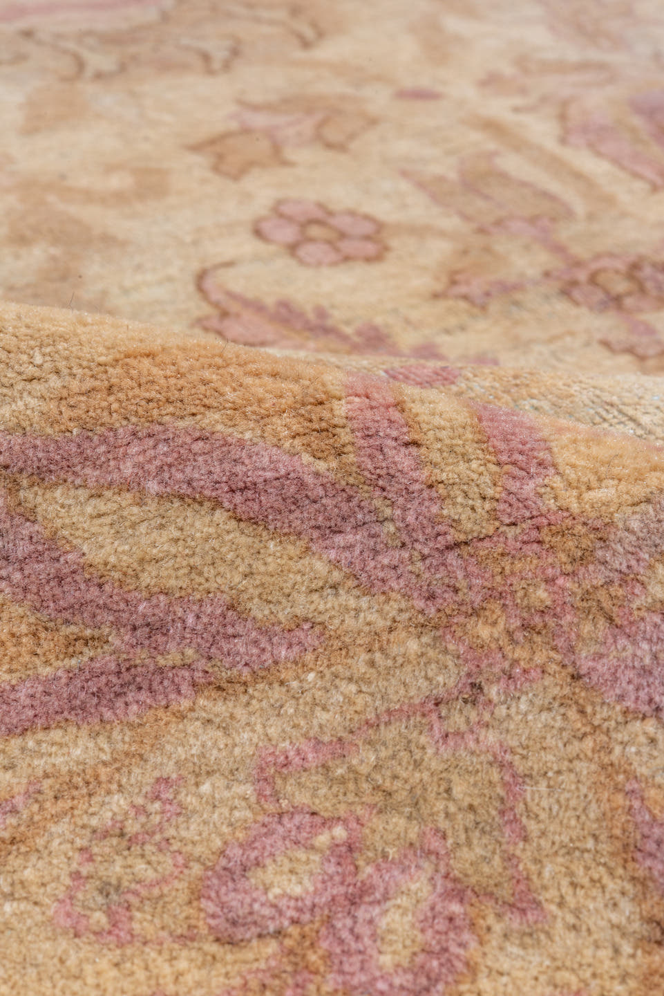 11' x 16' one-of-a-kind handmade vintage Agra oversize rug. Color palette: peach, ivory, rose, taupe, camel, blush, lavender