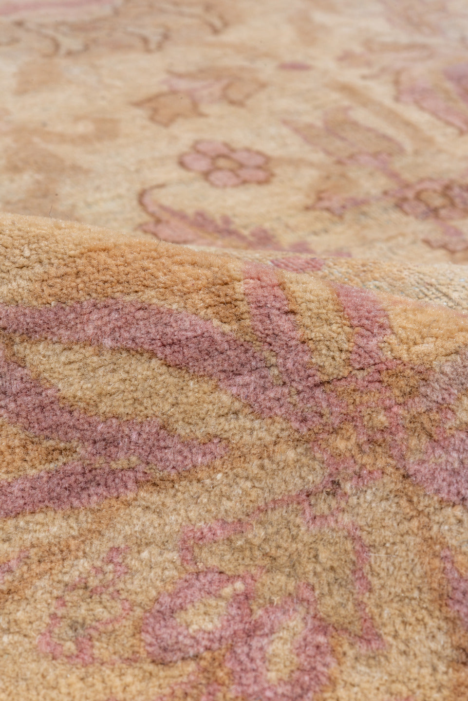 11' x 16' one-of-a-kind handmade vintage Agra oversize rug. Color palette: peach, ivory, rose, taupe, camel, blush, lavender
