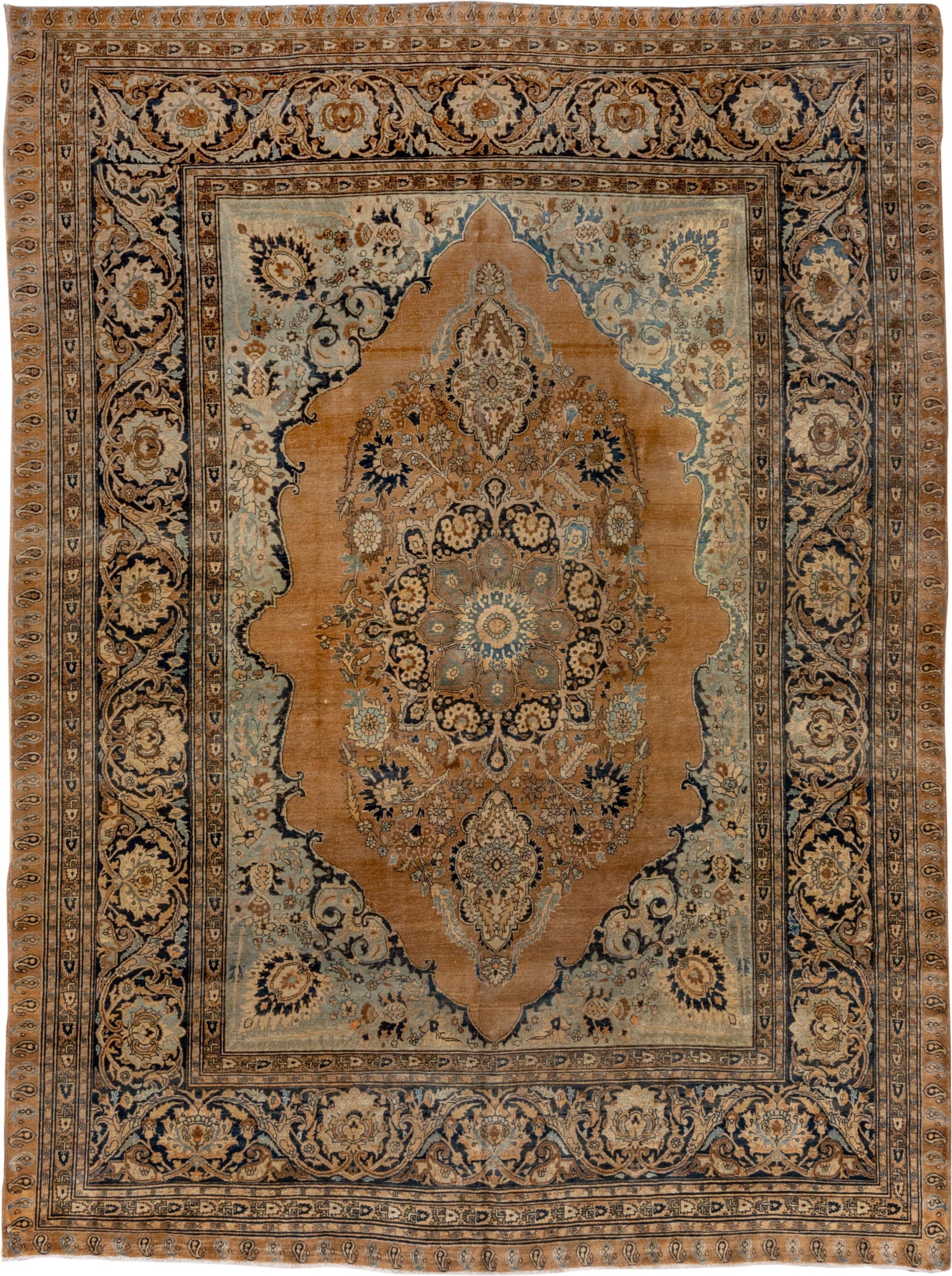 8' x 12' one-of-a-kind handmade vintage Tabriz large size rug. Color palette: camel, navy, ivory, light blue, taupe, brown