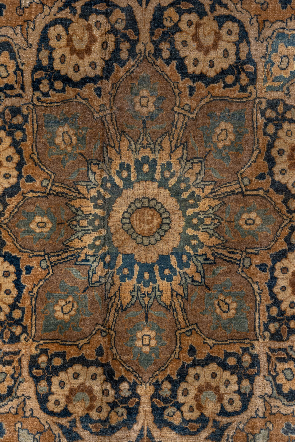 8' x 12' one-of-a-kind handmade vintage Tabriz large size rug. Color palette: camel, navy, ivory, light blue, taupe, brown