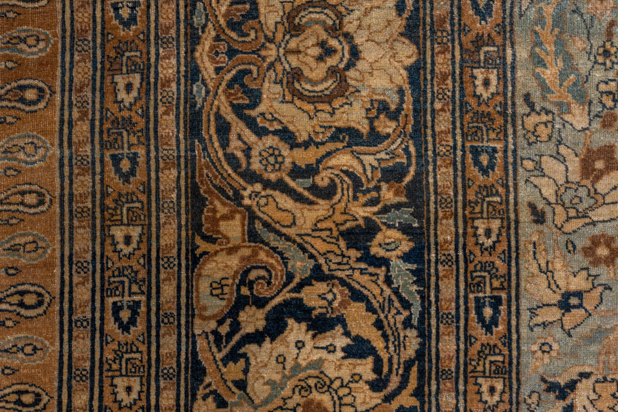 8' x 12' one-of-a-kind handmade vintage Tabriz large size rug. Color palette: camel, navy, ivory, light blue, taupe, gold