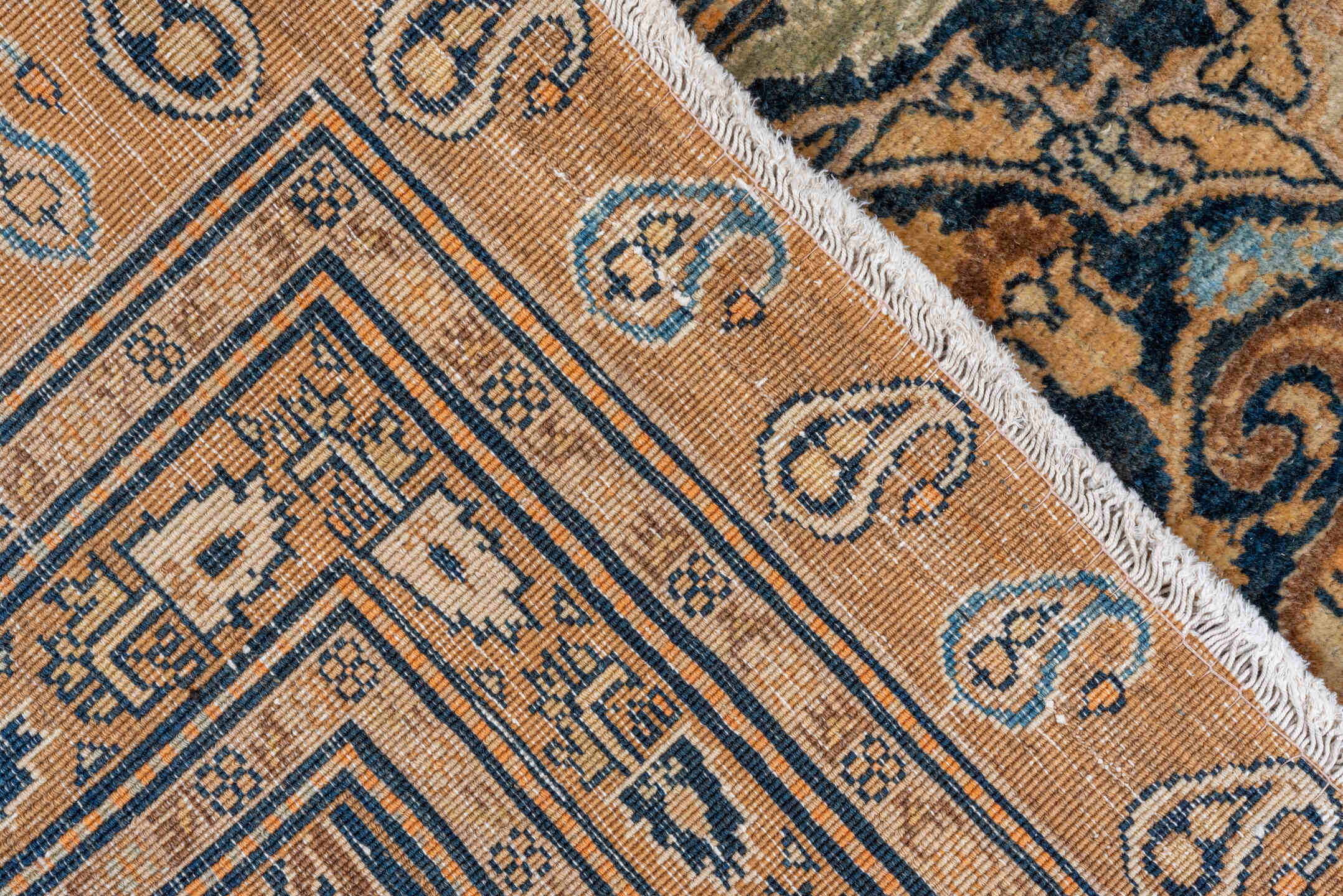 8' x 12' one-of-a-kind handmade vintage Tabriz large size rug. Color palette: camel, navy, ivory, light blue, taupe, brown