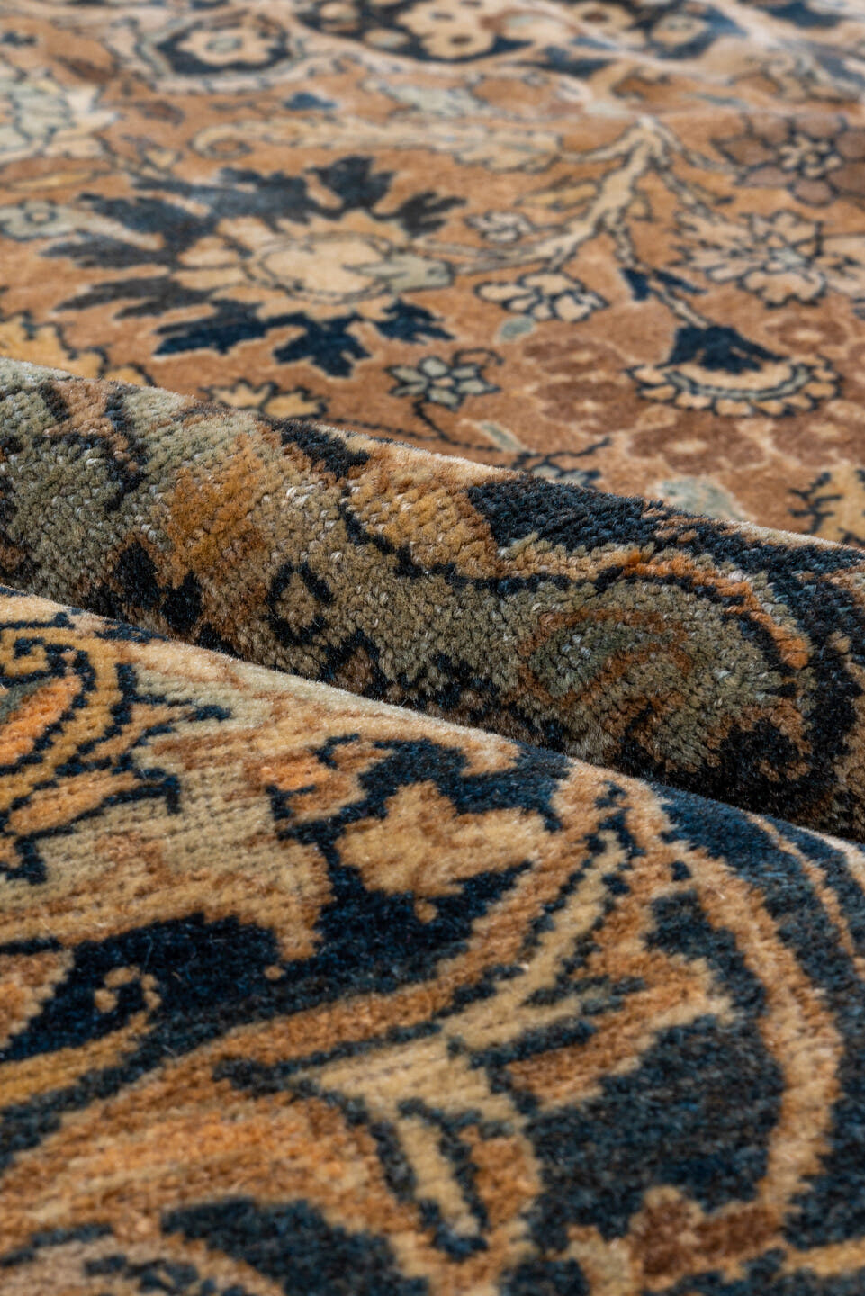 8' x 12' one-of-a-kind handmade vintage Tabriz large size rug. Color palette: camel, navy, ivory, light blue, taupe, brown