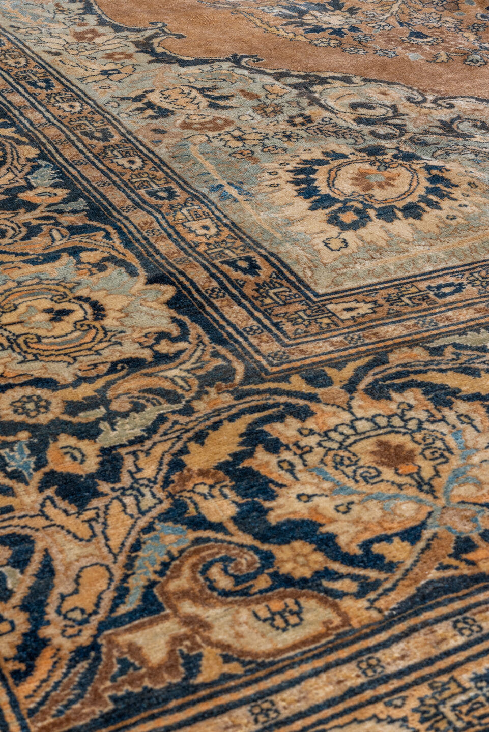 8' x 12' one-of-a-kind handmade vintage Tabriz large size rug. Color palette: camel, navy, ivory, light blue, taupe, brown