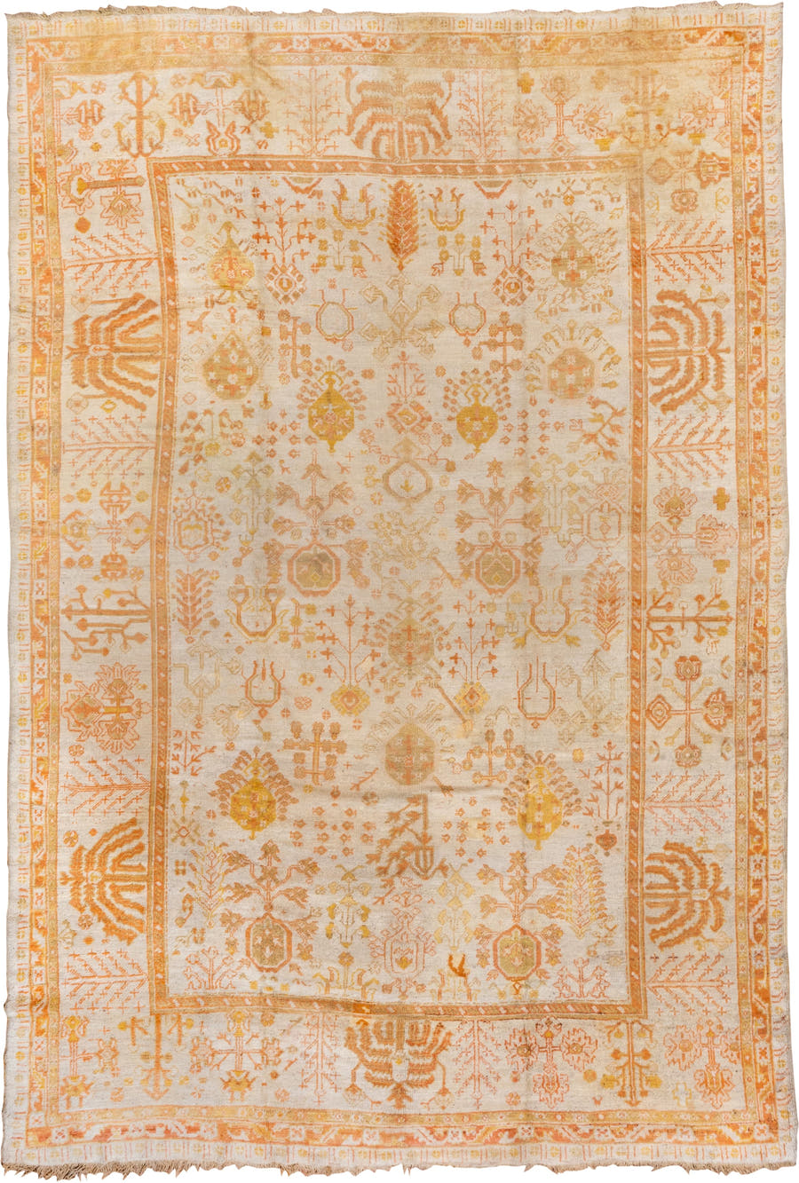 9' x 13' one-of-a-kind handmade vintage Oushak large size rug. Color palette: ivory, apricot, gold, tan, camel, sage