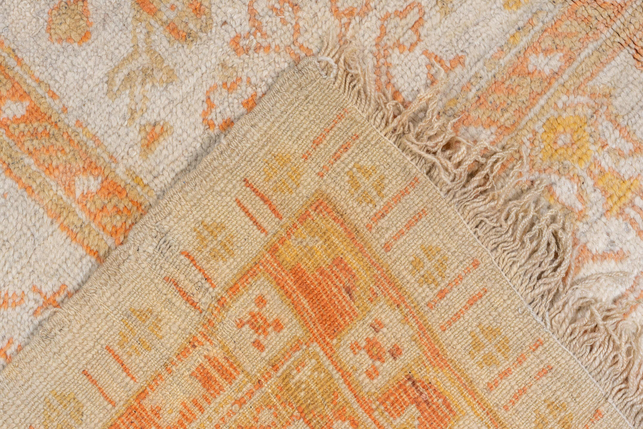 9' x 13' one-of-a-kind handmade vintage Oushak large size rug. Color palette: ivory, apricot, gold, tan, camel, sage