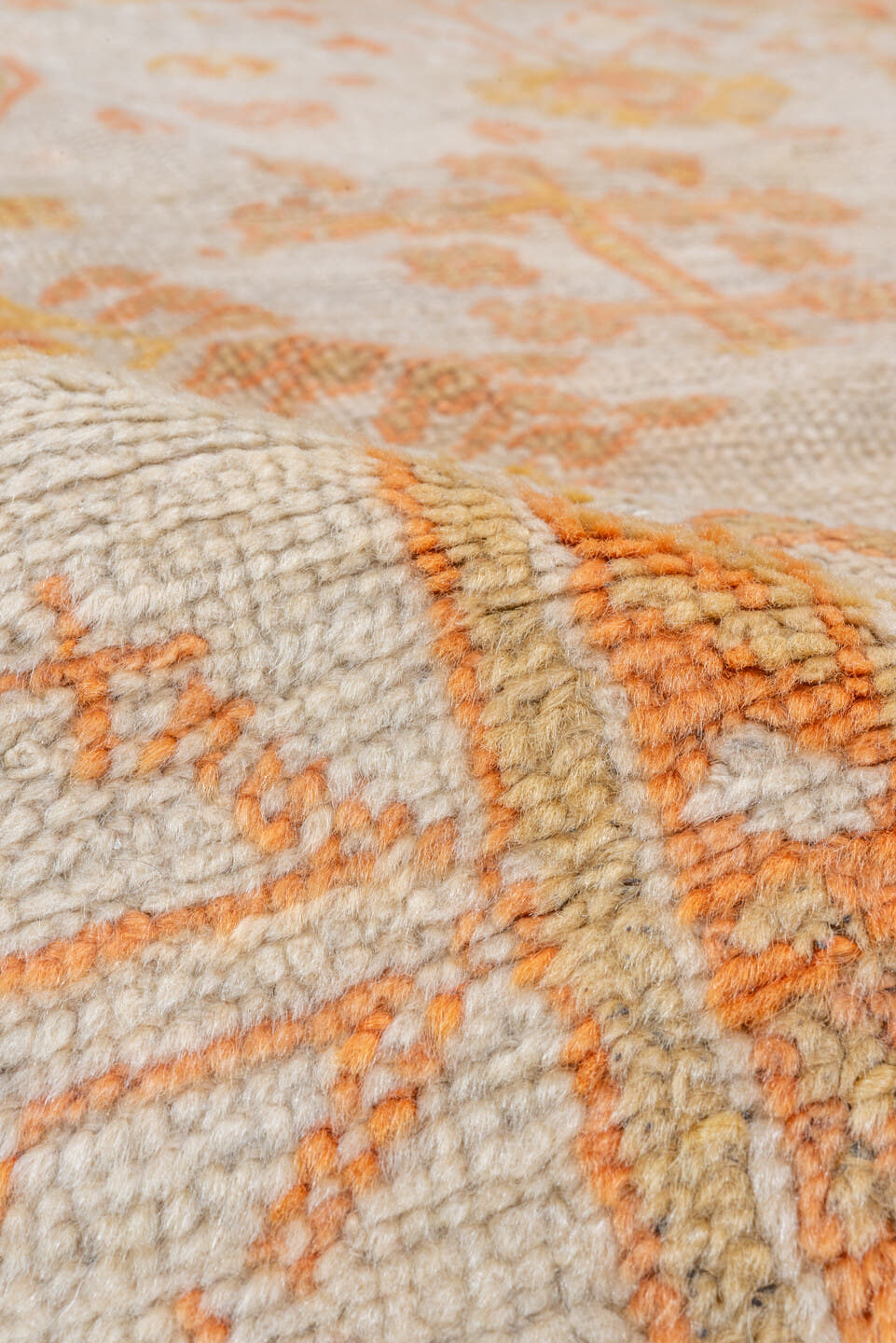 9' x 13' one-of-a-kind handmade vintage Oushak large size rug. Color palette: ivory, apricot, gold, tan, camel, sage