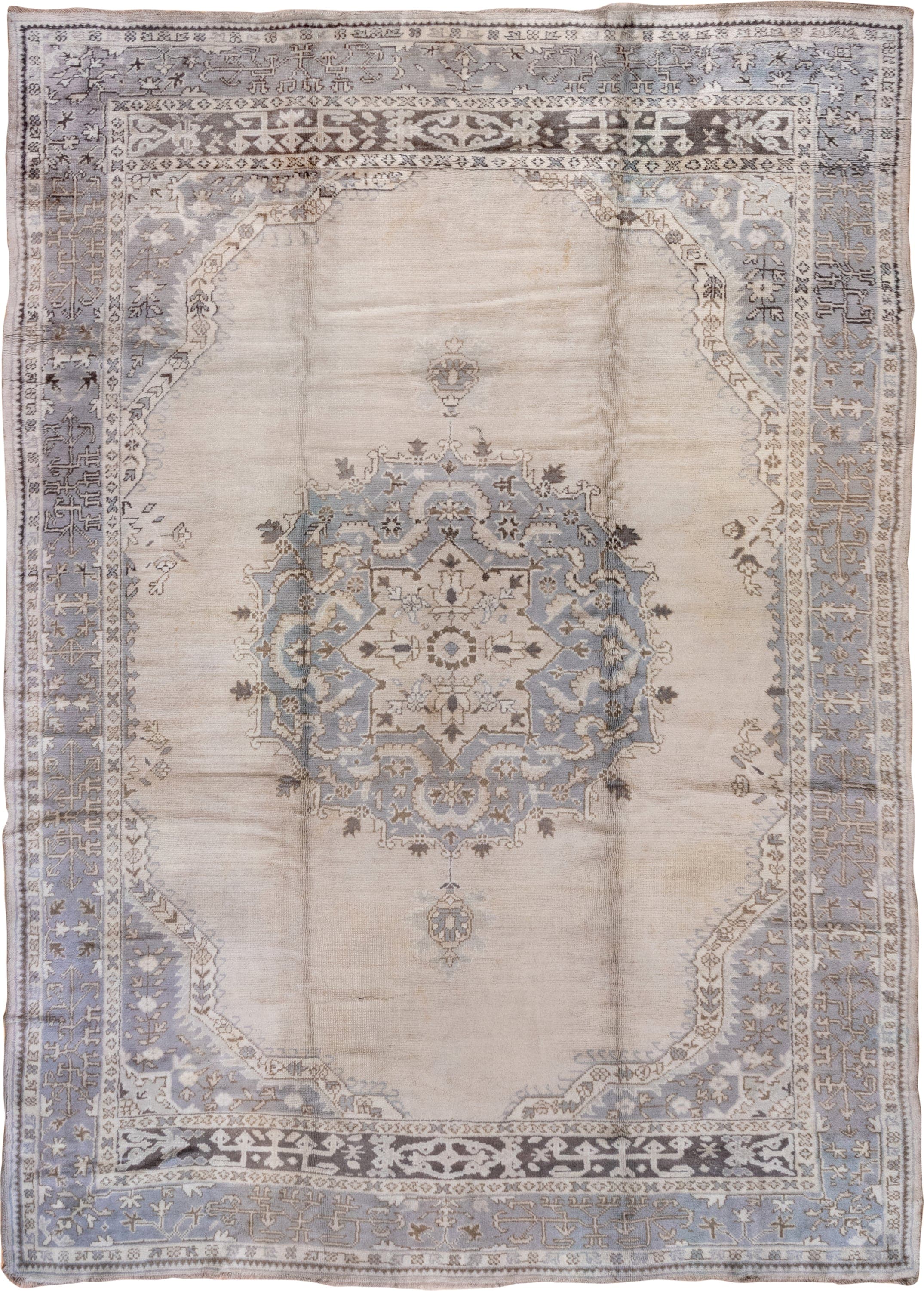 9' x 13' one-of-a-kind handmade vintage Oushak large size rug. Color palette: ivory, powder_blue, taupe, brown, gray