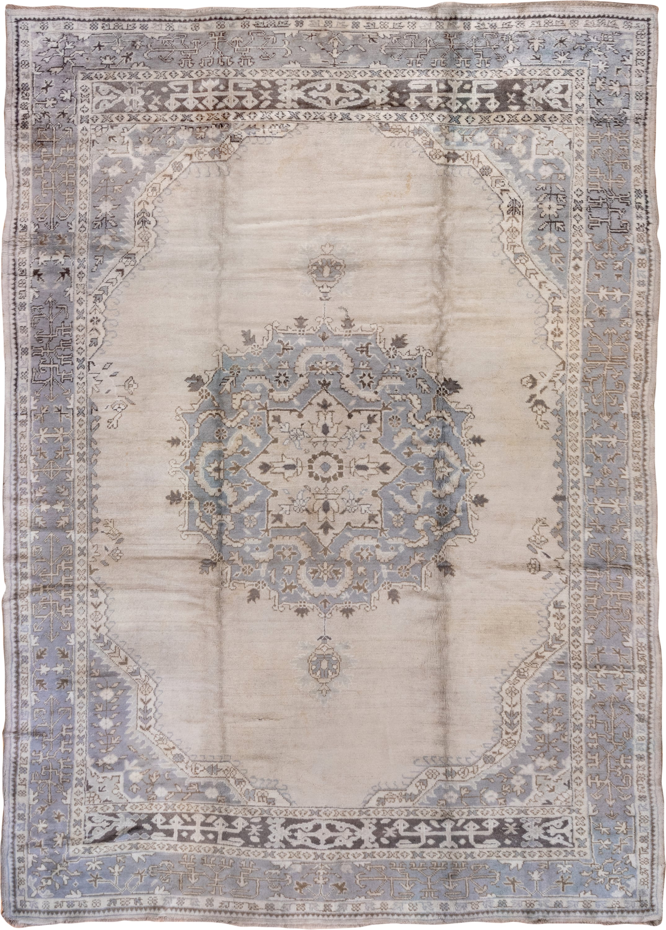 9' x 13' one-of-a-kind handmade vintage Oushak large size rug. Color palette: ivory, powder_blue, taupe, brown, gray