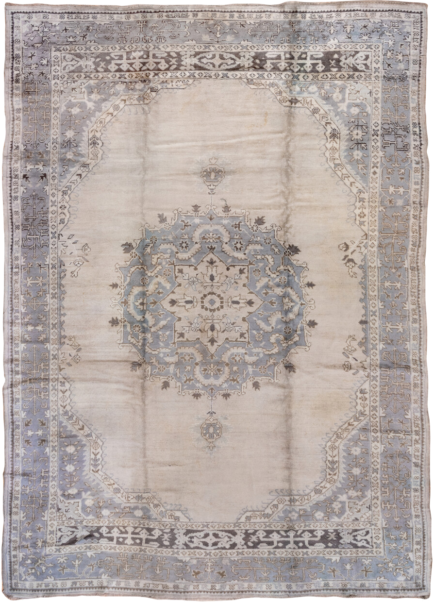 9' x 13' one-of-a-kind handmade vintage Oushak large size rug. Color palette: ivory, powder_blue, taupe, brown, gray