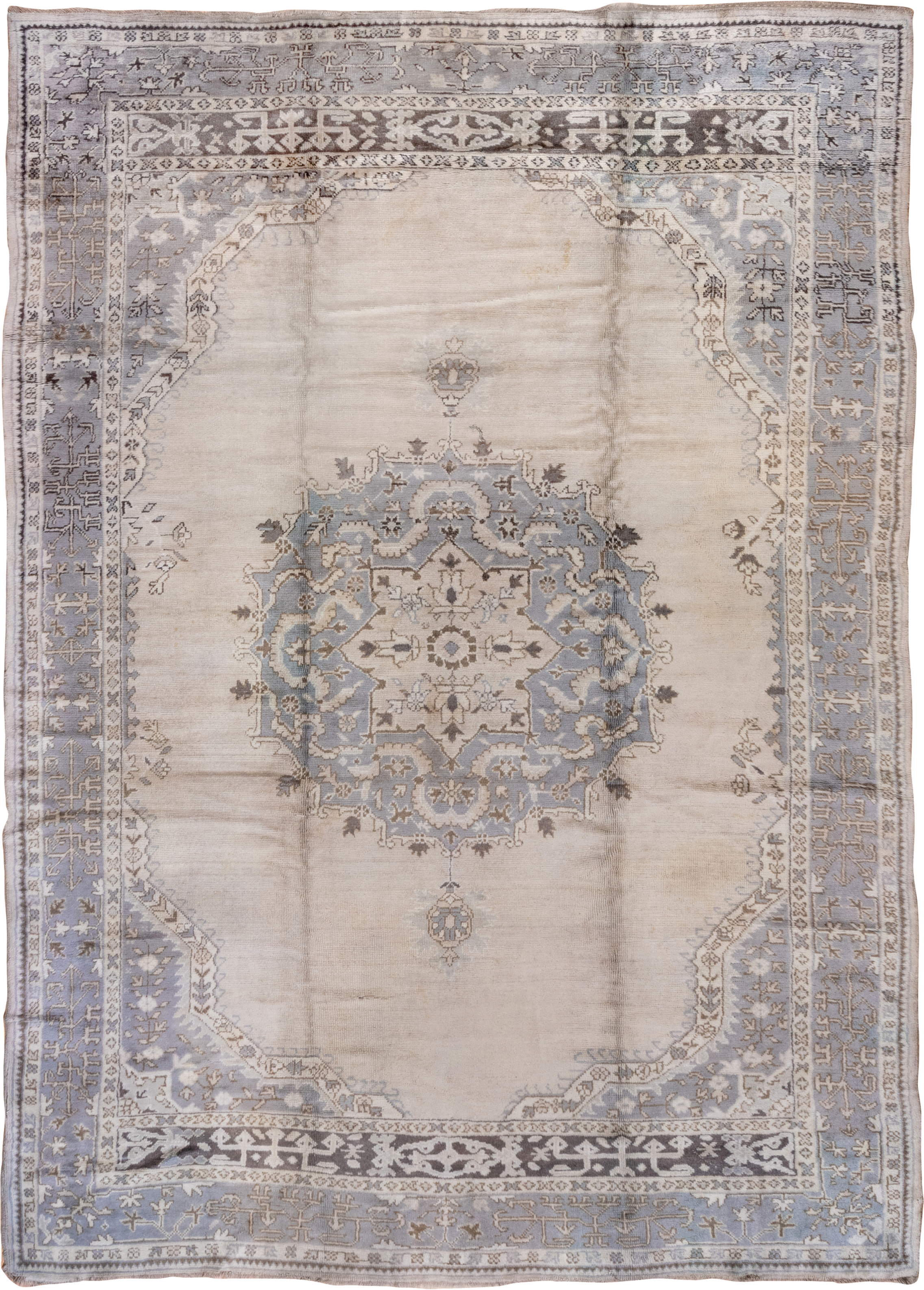 9' x 13' one-of-a-kind handmade vintage Oushak large size rug. Color palette: ivory, powder_blue, taupe, brown, gray