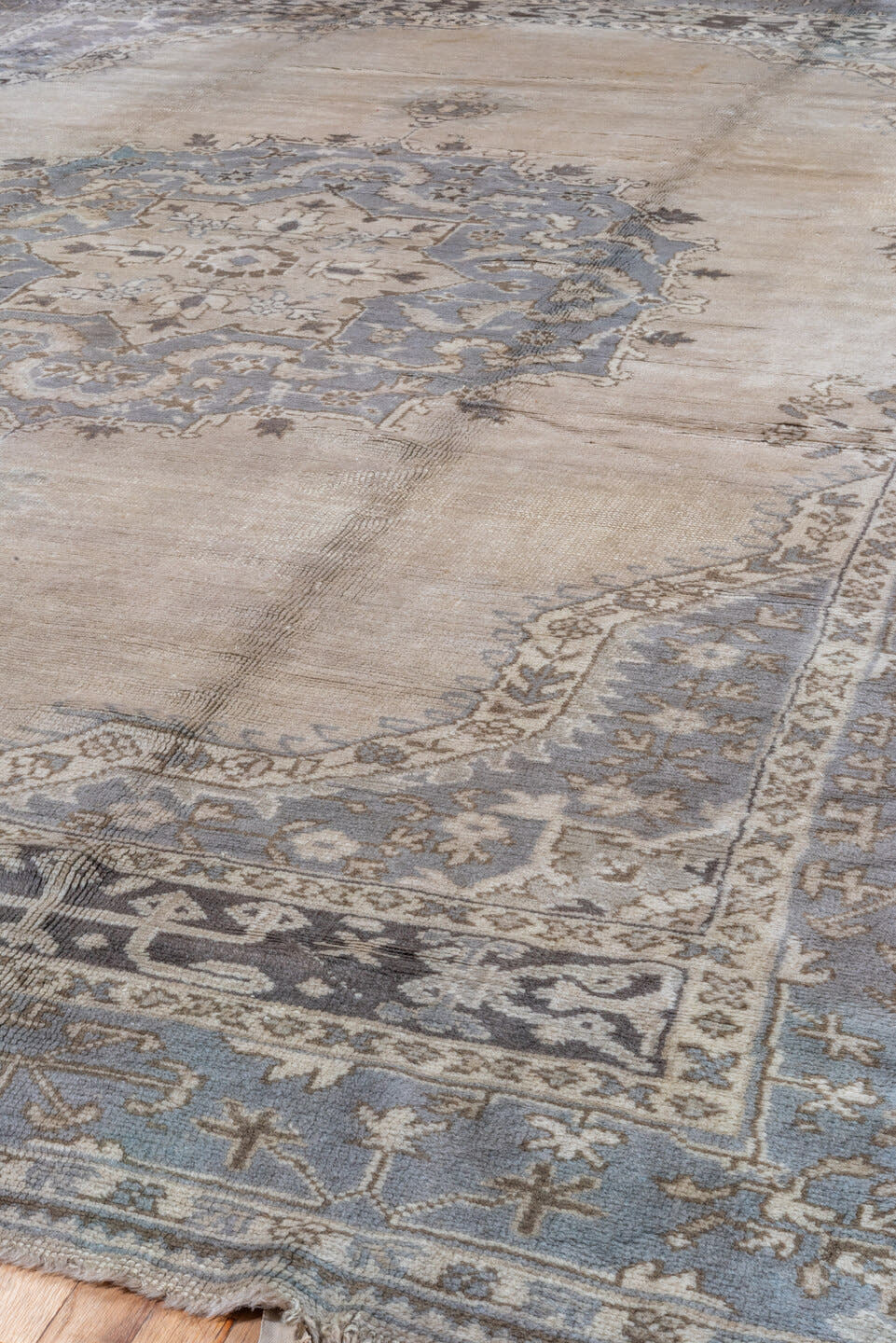 9' x 13' one-of-a-kind handmade vintage Oushak large size rug. Color palette: ivory, powder_blue, taupe, brown, gray