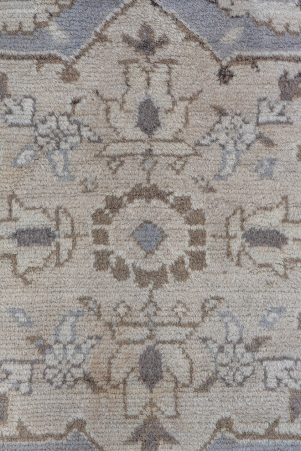 9' x 13' one-of-a-kind handmade vintage Oushak large size rug. Color palette: ivory, powder_blue, taupe, brown, gray