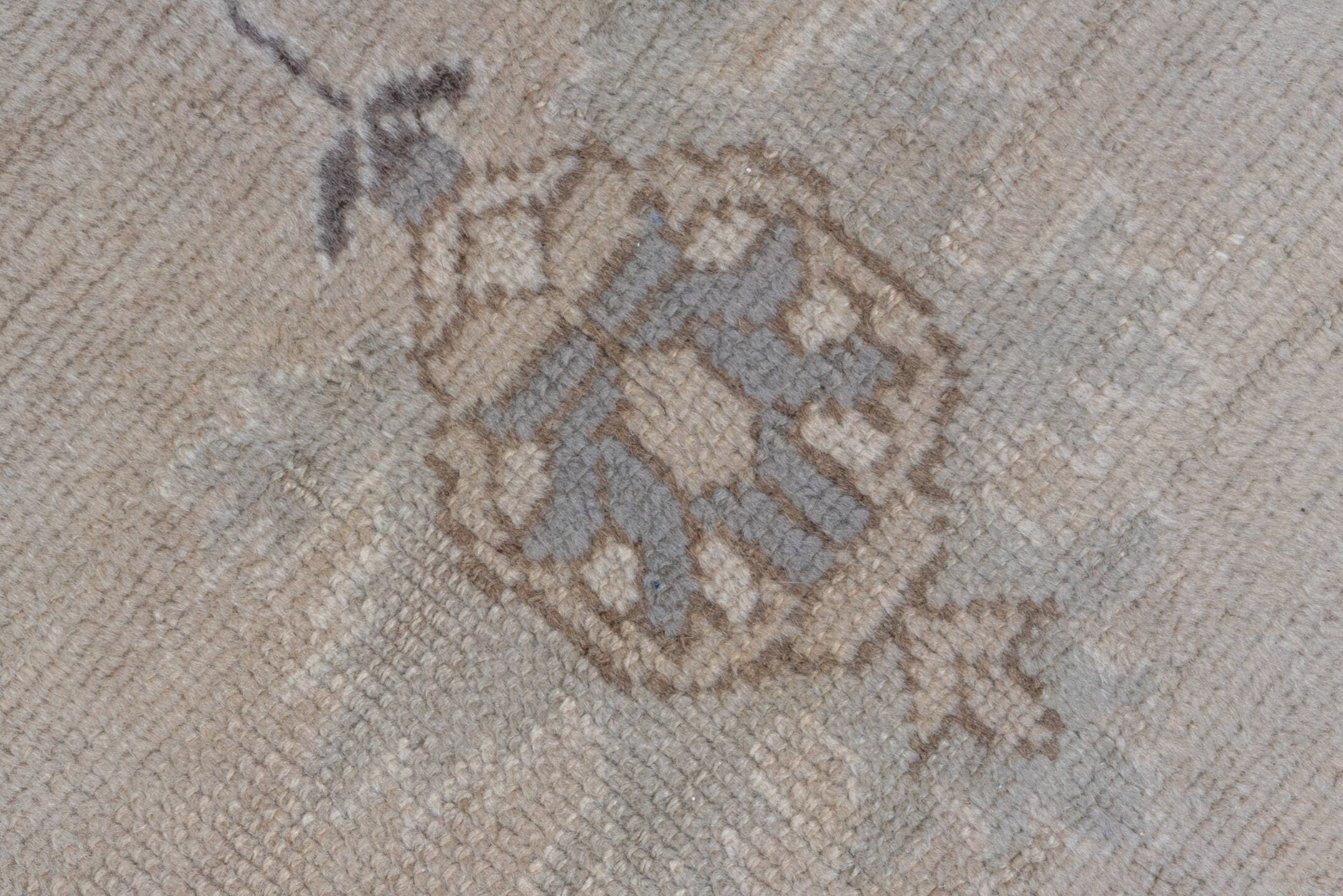 9' x 13' one-of-a-kind handmade vintage Oushak large size rug. Color palette: ivory, powder_blue, taupe, brown, gray