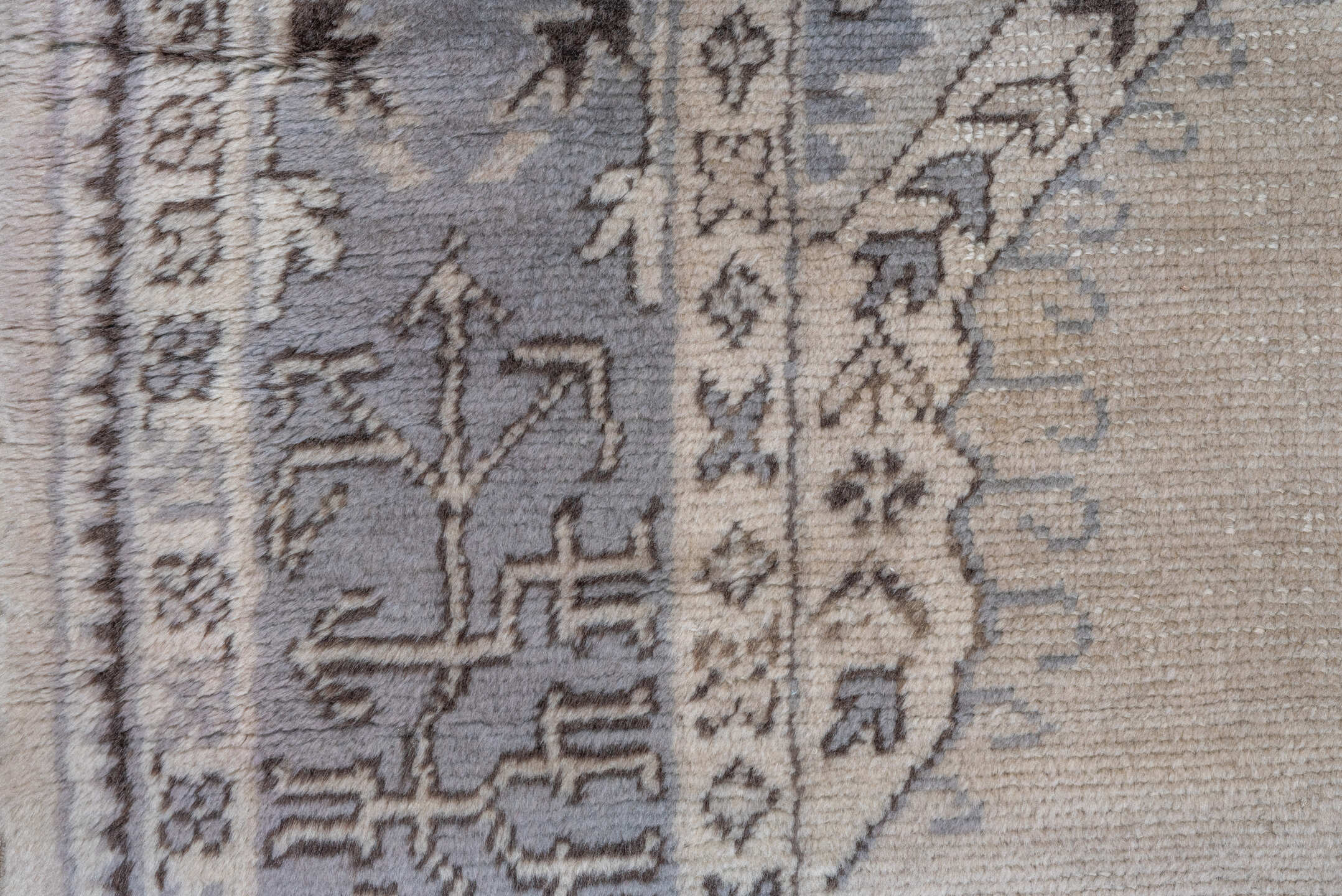 9' x 13' one-of-a-kind handmade vintage Oushak large size rug. Color palette: ivory, powder_blue, taupe, brown, gray