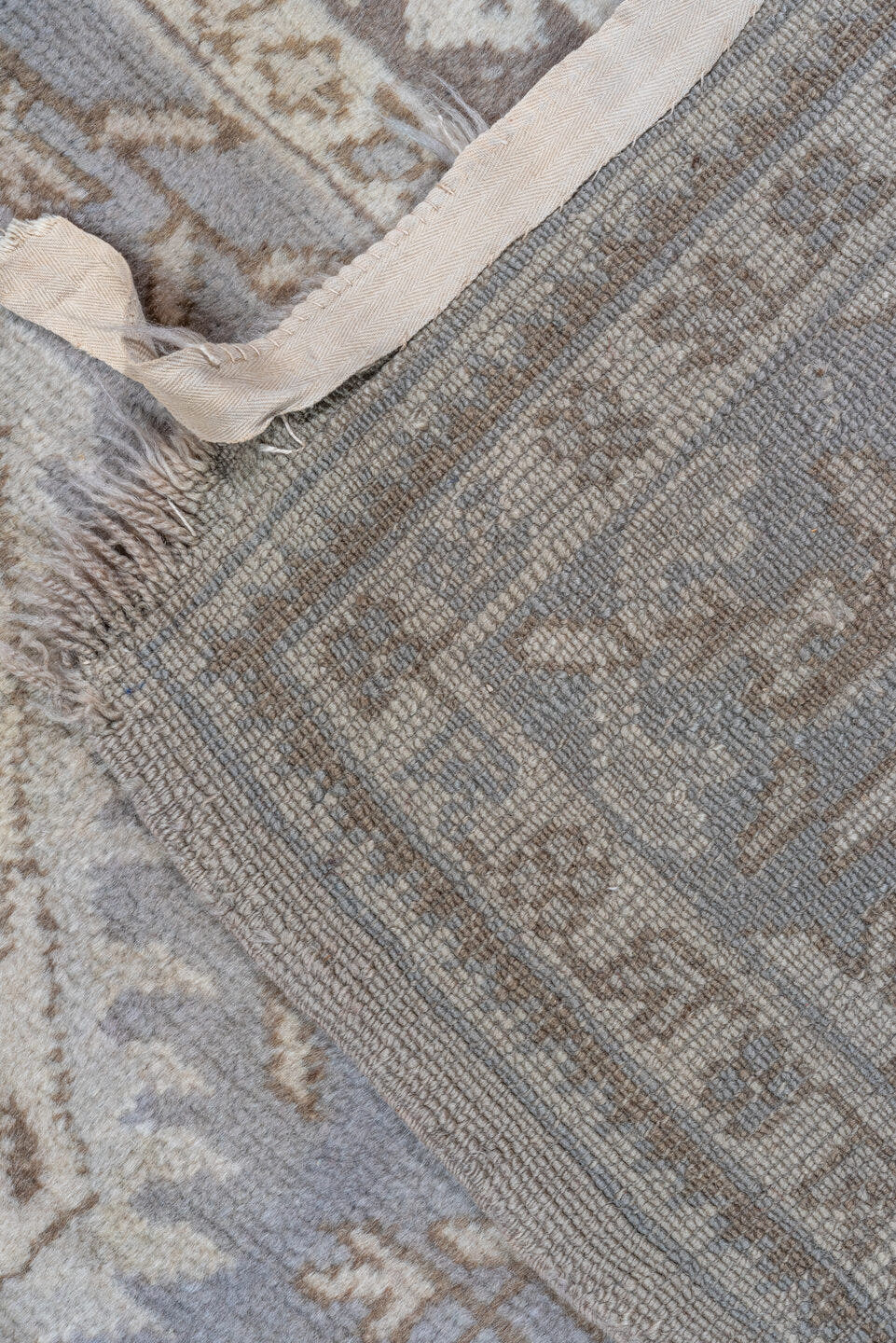 9' x 13' one-of-a-kind handmade vintage Oushak large size rug. Color palette: ivory, powder_blue, taupe, brown, gray