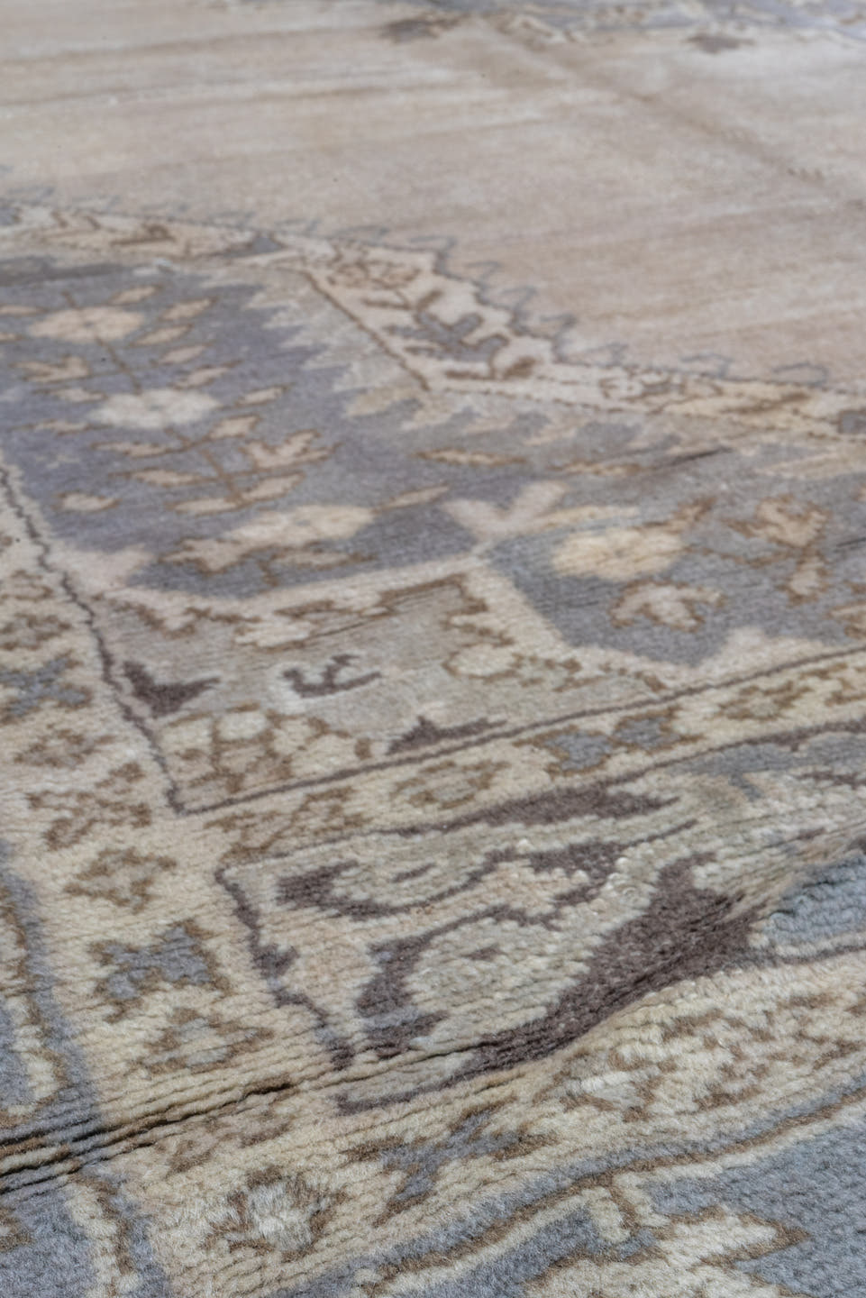 9' x 13' one-of-a-kind handmade vintage Oushak large size rug. Color palette: ivory, powder_blue, taupe, brown, gray