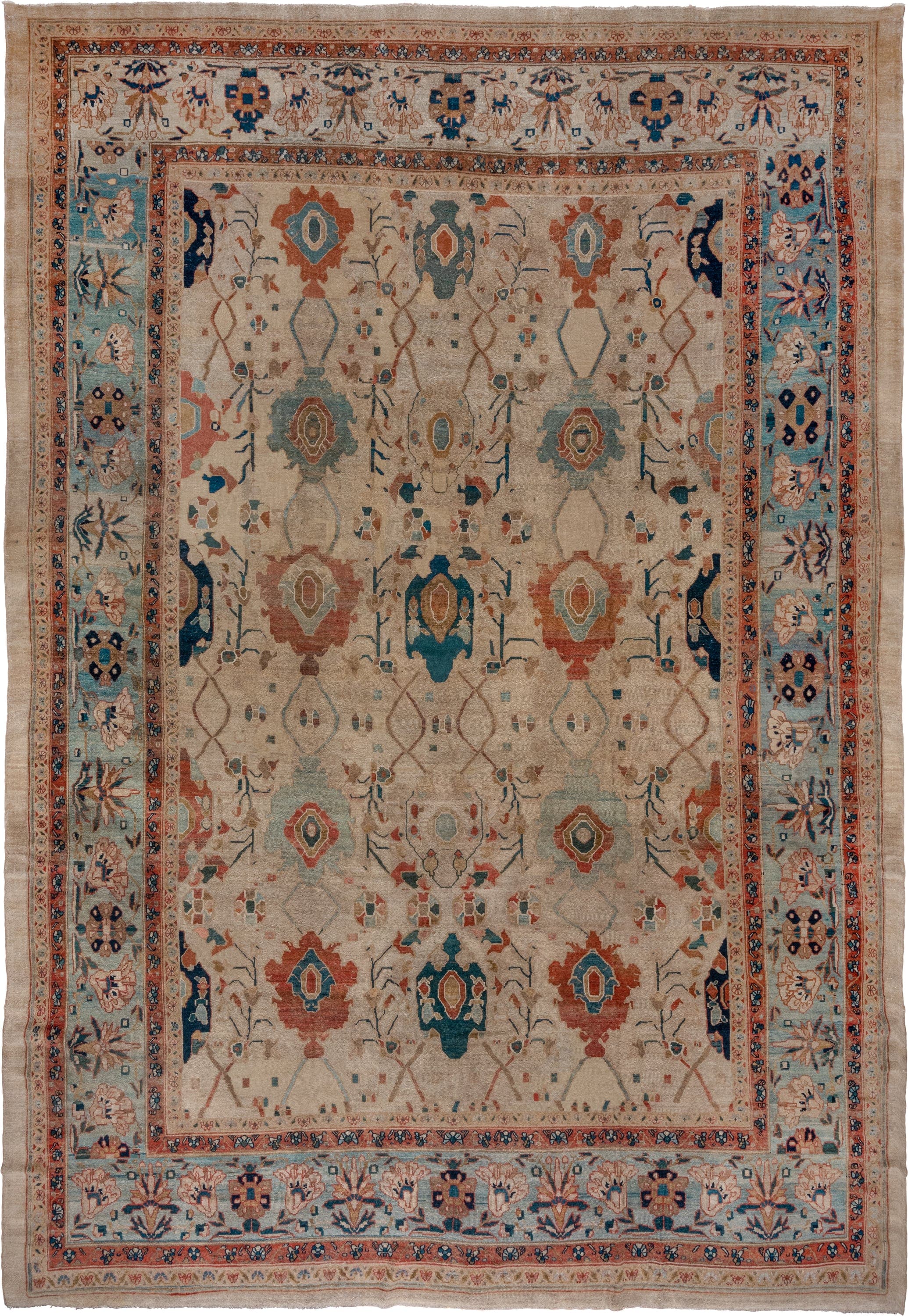 12' x 17' one-of-a-kind handmade vintage Bibikabad oversize rug. Color palette: ivory, sky_blue, rust, teal, navy, camel