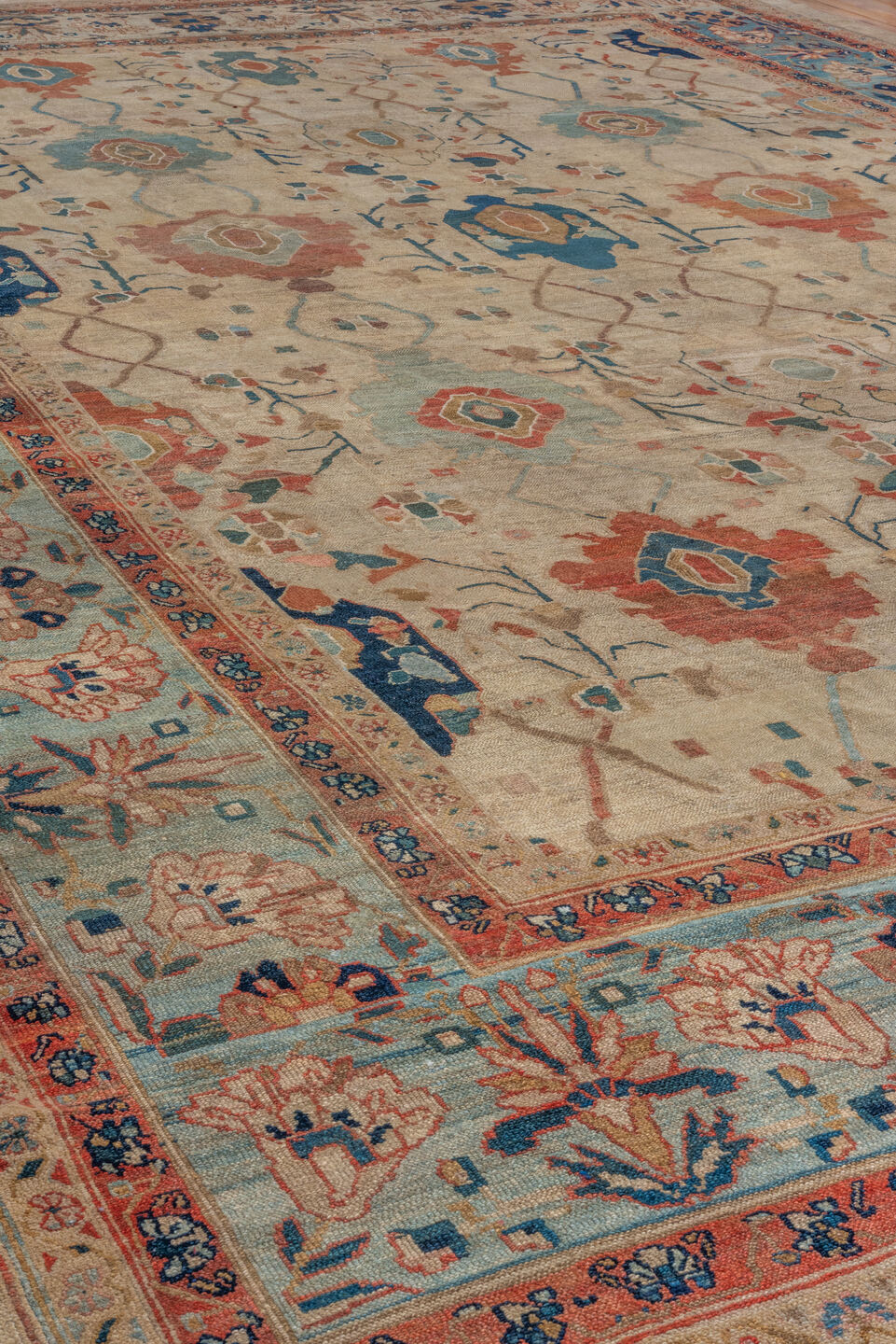 12' x 17' one-of-a-kind handmade vintage Bibikabad oversize rug. Color palette: ivory, sky_blue, rust, teal, navy, camel
